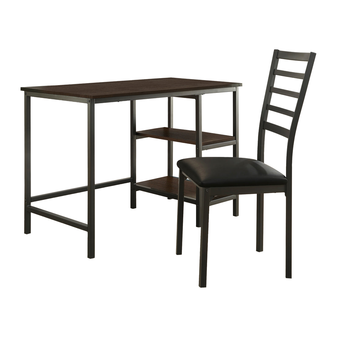 Black Finish 2 Piece Writing Desk Set With Chair Industrial Style Metal Frame Faux Leather Upholstery Black Desk And Chair Set Study Industrial Rectangular Open Storage Metal