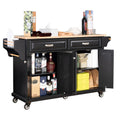 Kitchen Island With Rubber Wood Countertop, Kitchen Cart On 5 Wheels With Storage Cabinet And 2 Top Drawers And A Center Double Layered Storage Drawer For Dinning Room, Black Black Dining Room Rectangular Rubberwood Solid Wood Mdf Large 56 In