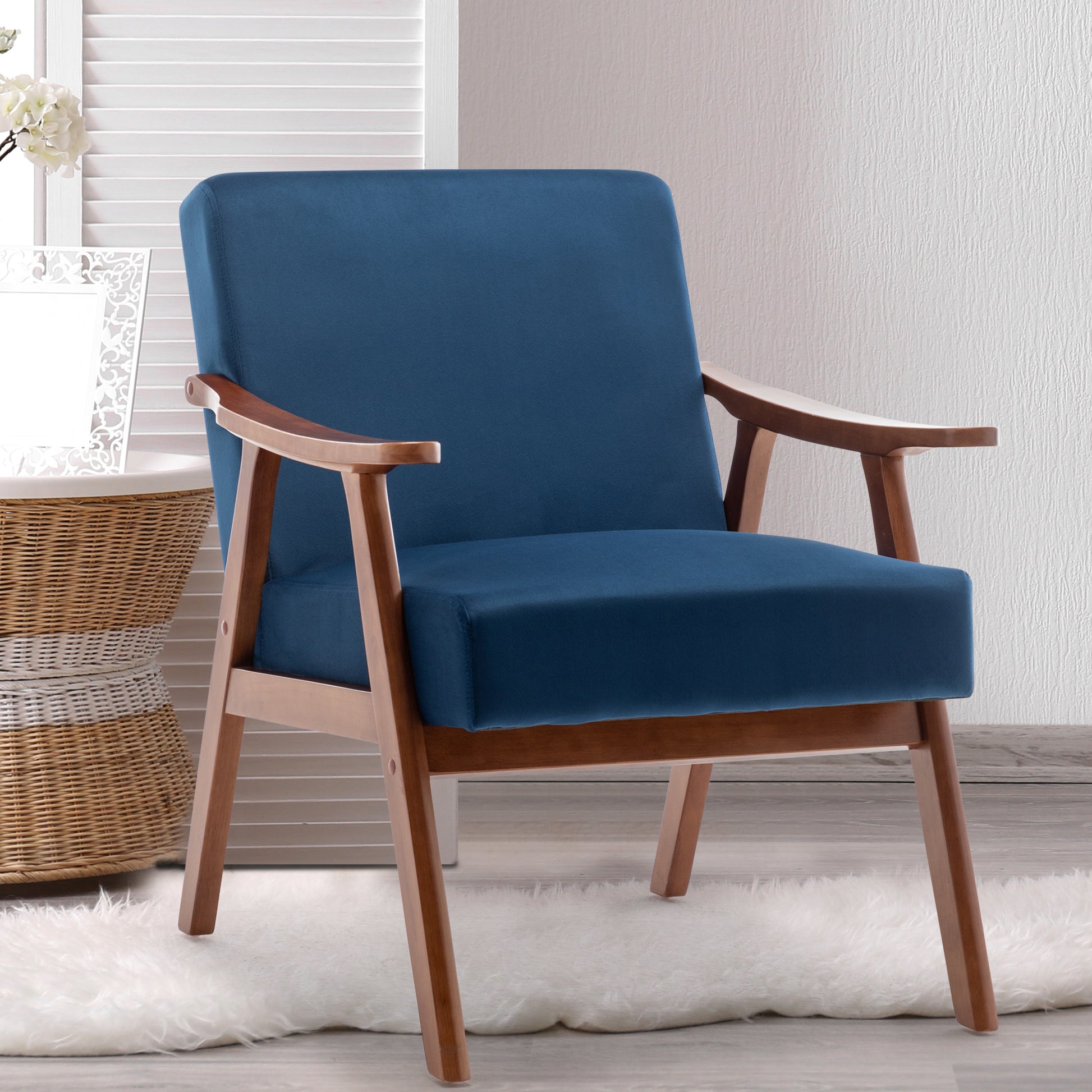 Mid Century Modern Chair, Living Room Chair With Solid Wood Frame, Accent Chair Extra Thick Backrest, Wingback Chair For Bedroom, Reading Room, Living Room, Lounge Chair Indoor Blue Primary Living Space Mid Century Modern Foam Velvet