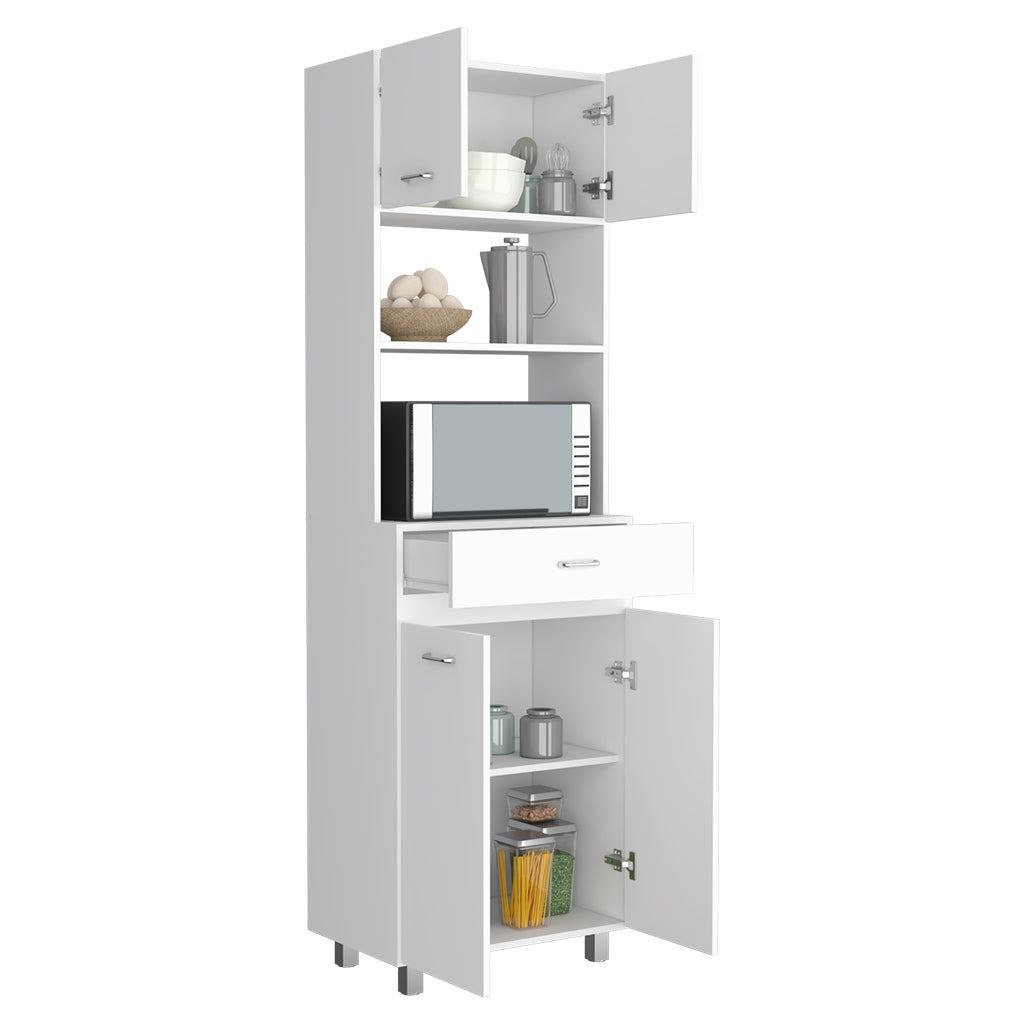 Caribe Microwave Cabinet, Four Legs, One Drawer, Double Door, One Shelf White Freestanding 3 4 Shelves White Kitchen Particle Board Particle Board