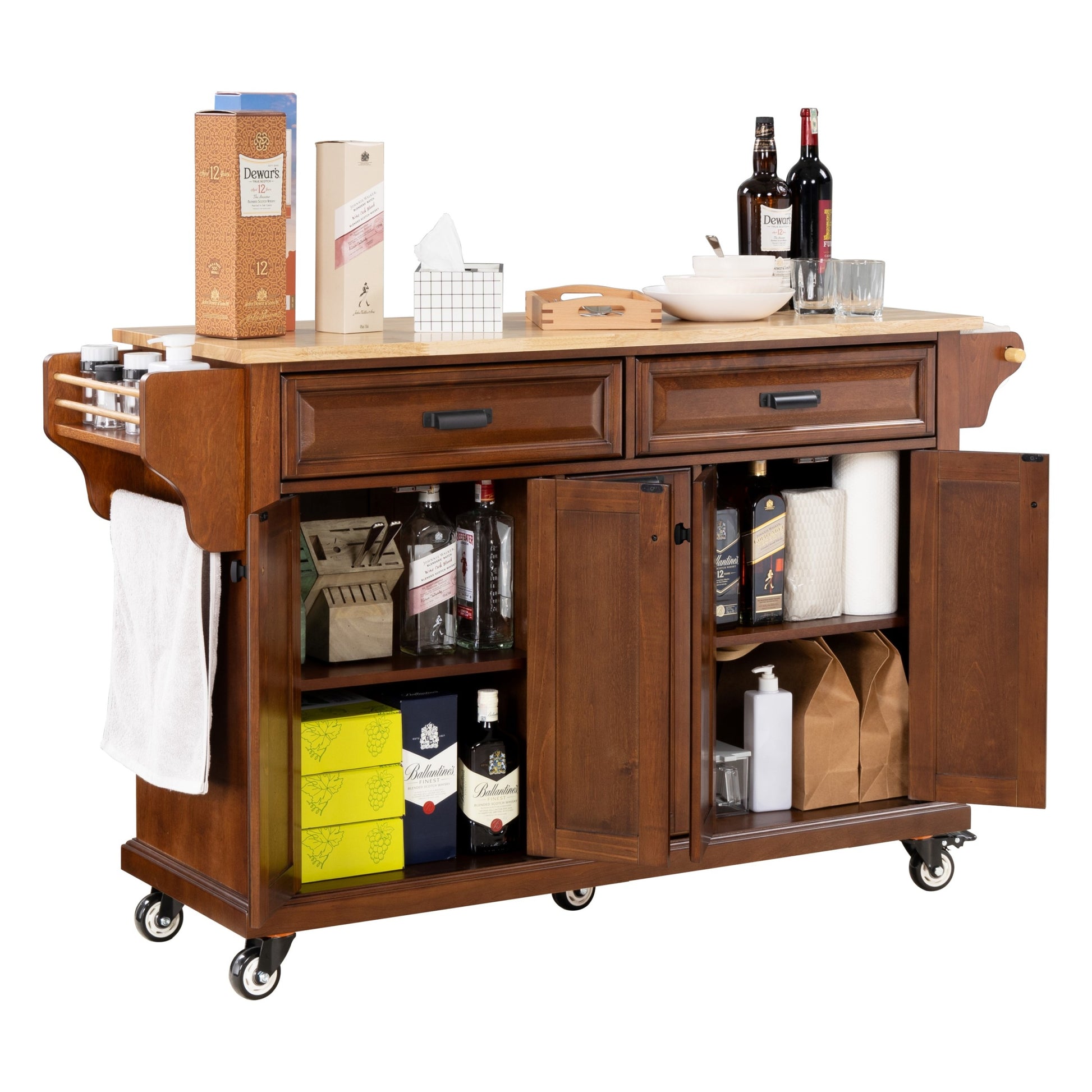 Kitchen Island With Rubber Wood Countertop, Kitchen Cart On 5 Wheels With Storage Cabinet And 2 Top Drawers And A Center Double Layered Storage Drawer For Dinning Room, Mahogany Mahogany Dining Room Rectangular Rubberwood Solid Wood Mdf Large 56 In