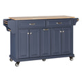 Kitchen Island With Rubber Wood Countertop, Kitchen Cart On 5 Wheels With Storage Cabinet And 2 Top Drawers And A Center Double Layered Storage Drawer For Dinning Room, Blue Blue Dining Room Rectangular Rubberwood Solid Wood Mdf Large 56 In