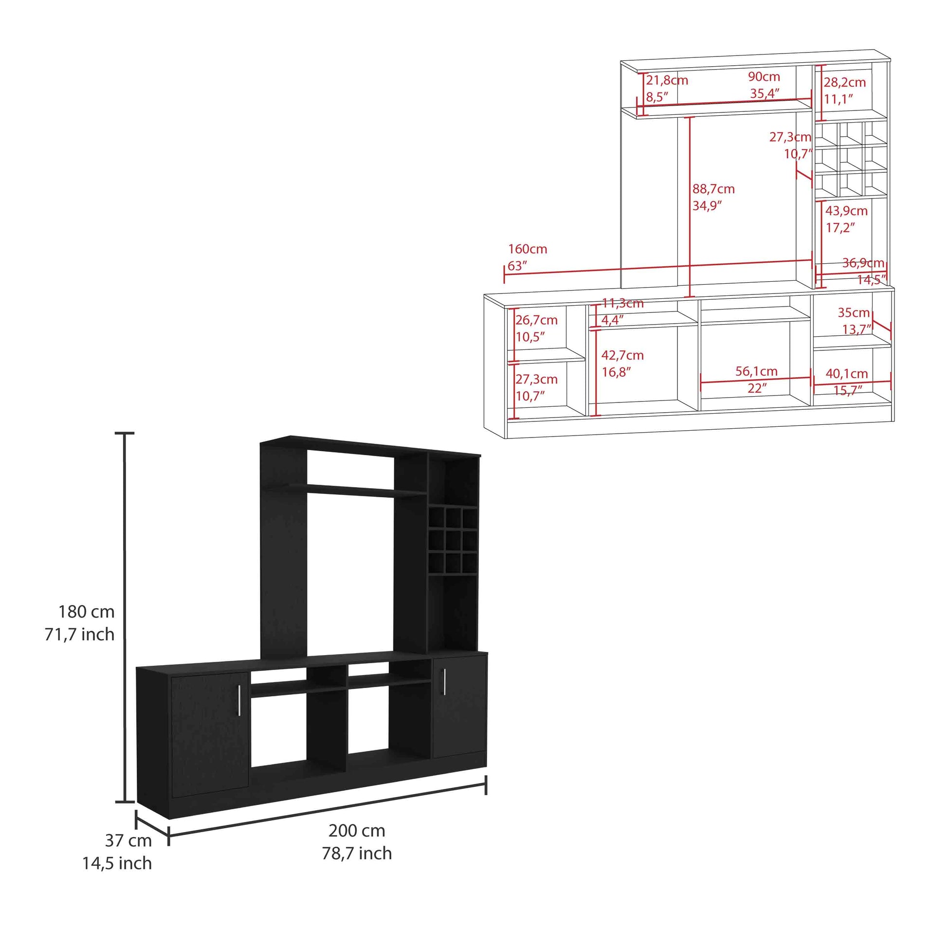 Kava Entertainment Center, Six External Shelves, Double Door Cabinet, Storage Spaces For Tv S Up 37" Black Black Primary Living Space 60 69 Inches Modern Particle Board Particle Board