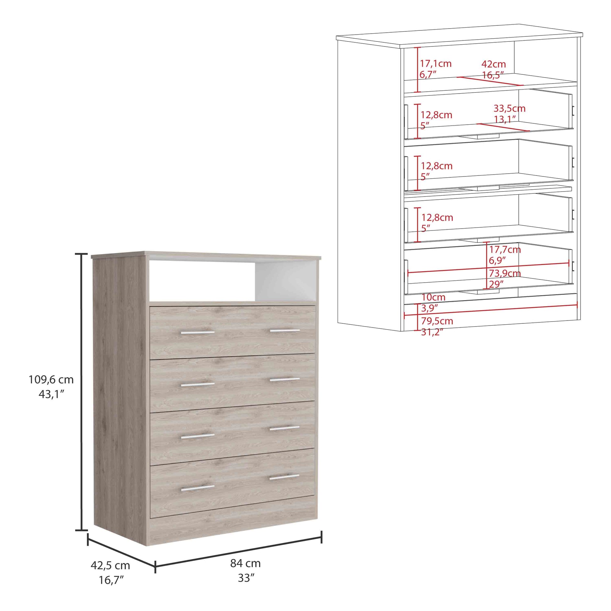 Peru L Four Drawer Dresser, Superior Top, One Open Shelf Light Gray White Gray Bedroom Modern Particle Board Particle Board