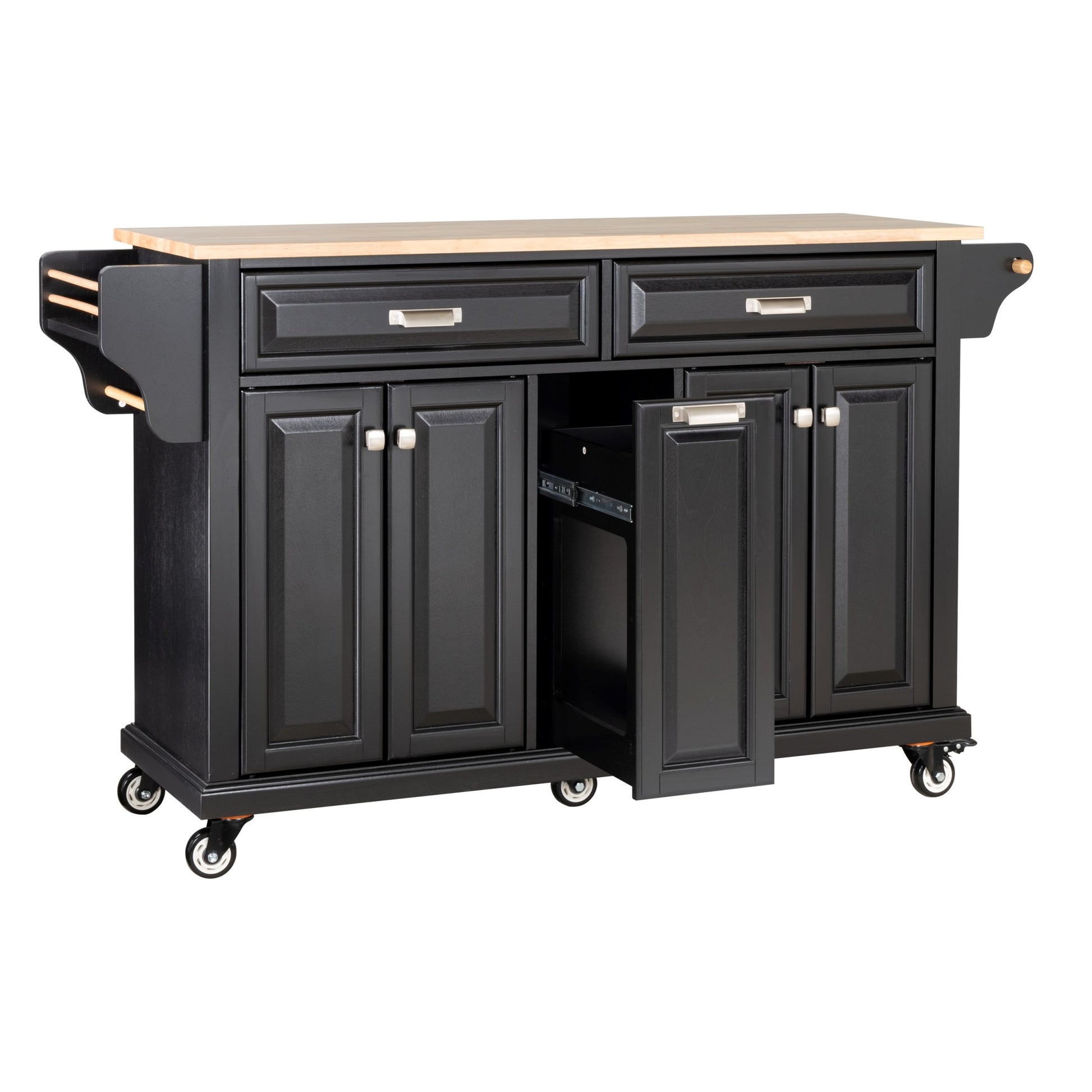 Kitchen Island With Rubber Wood Countertop, Kitchen Cart On 5 Wheels With Storage Cabinet And 2 Top Drawers And A Center Double Layered Storage Drawer For Dinning Room, Black Black Dining Room Rectangular Rubberwood Solid Wood Mdf Large 56 In