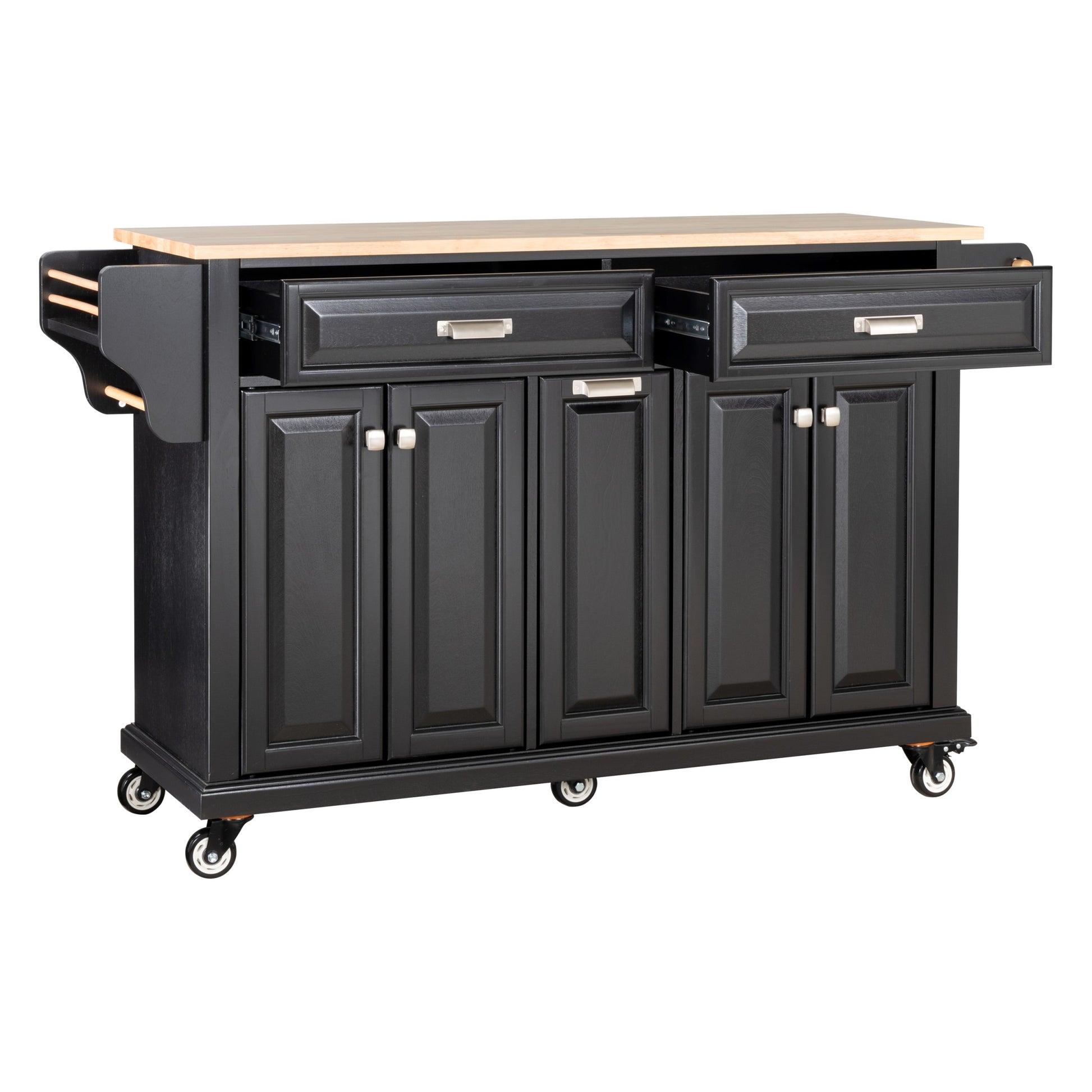 Kitchen Island With Rubber Wood Countertop, Kitchen Cart On 5 Wheels With Storage Cabinet And 2 Top Drawers And A Center Double Layered Storage Drawer For Dinning Room, Black Black Dining Room Rectangular Rubberwood Solid Wood Mdf Large 56 In