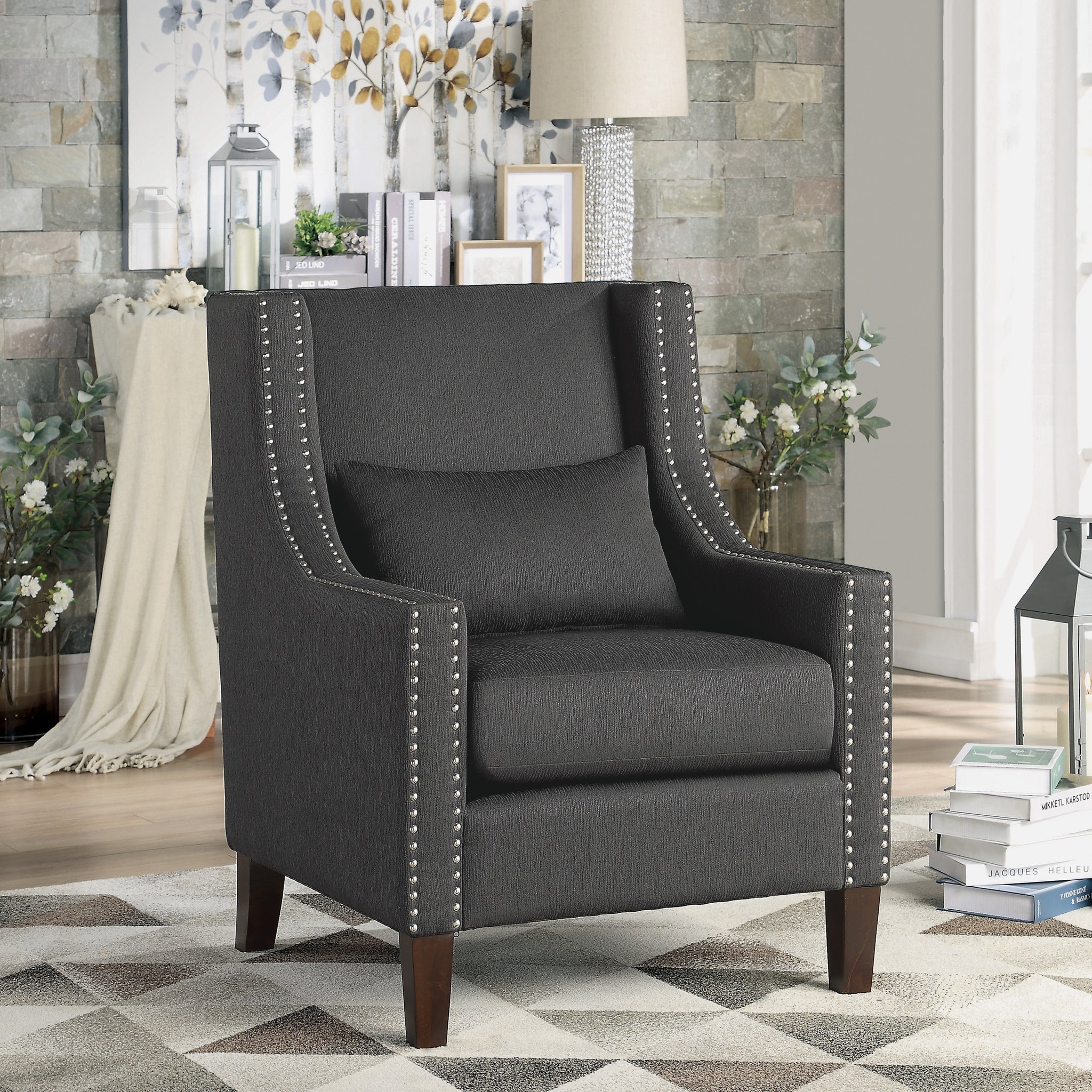 1Pc Traditional Accent Chair With Pillow Trim Dark Gray Polyester Upholstered Solid Wood Furniture Modern Living Room Chair Dark Gray Primary Living Space Contemporary,Modern Solid Wood