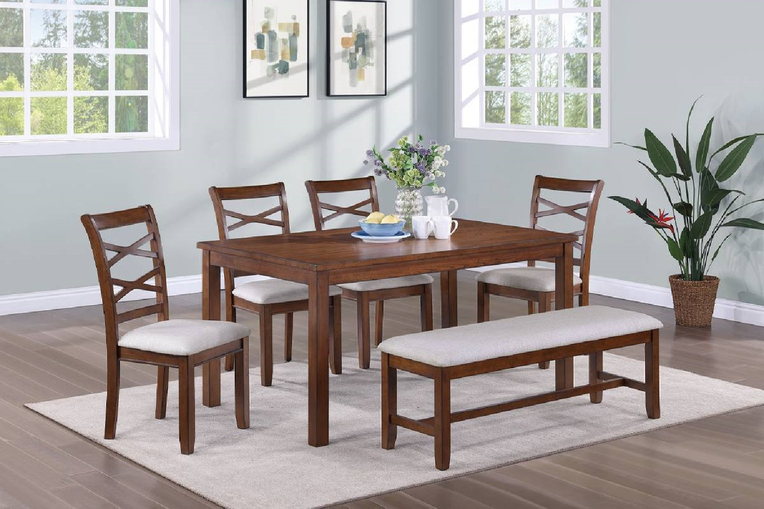 Dining Room Furniture Modern 6Pcs Set Dining Table 4X Side Chairs And A Bench Solidwood Unique Design Back Chair Wood Color Wood Dining Room Bench Seating Birch Rectangular Dining Table With Chair And Bench Wood Wood Wood Seats 6 60 Inches