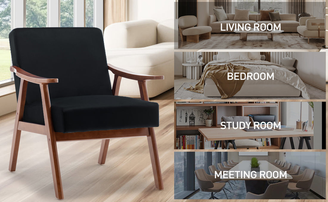 Mid Century Modern Chair, Living Room Chair With Solid Wood Frame, Accent Chair Extra Thick Backrest, Wingback Chair For Bedroom, Reading Room, Living Room, Lounge Chair Indoor Black Primary Living Space Mid Century Modern Foam Velvet