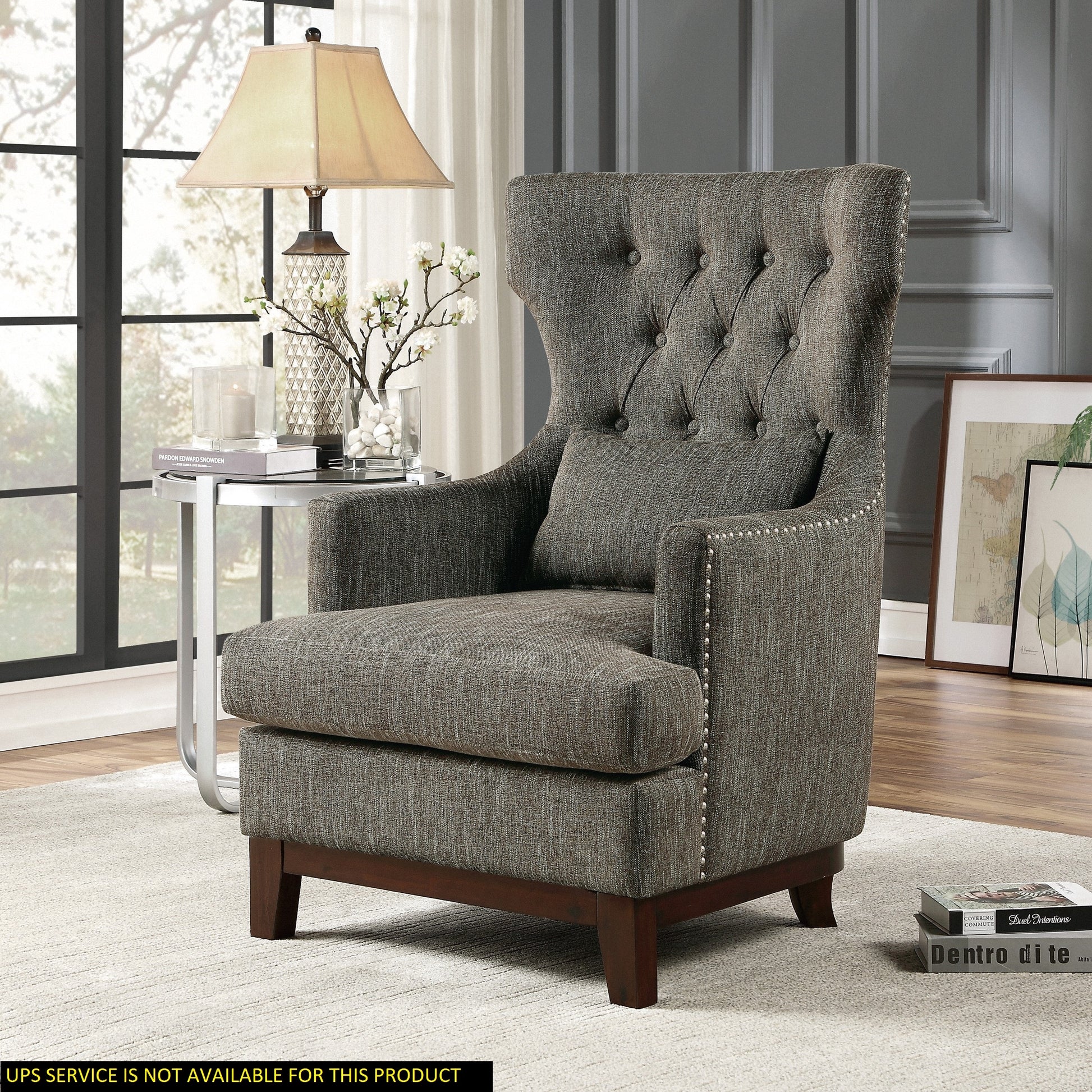 Button Tufted Wing Back Accent Chair 1Pc Gray Fabric Upholstered Pillow Solid Wood Traditional Living Room Furniture Brown Gray Primary Living Space Luxury,Traditional Solid Wood