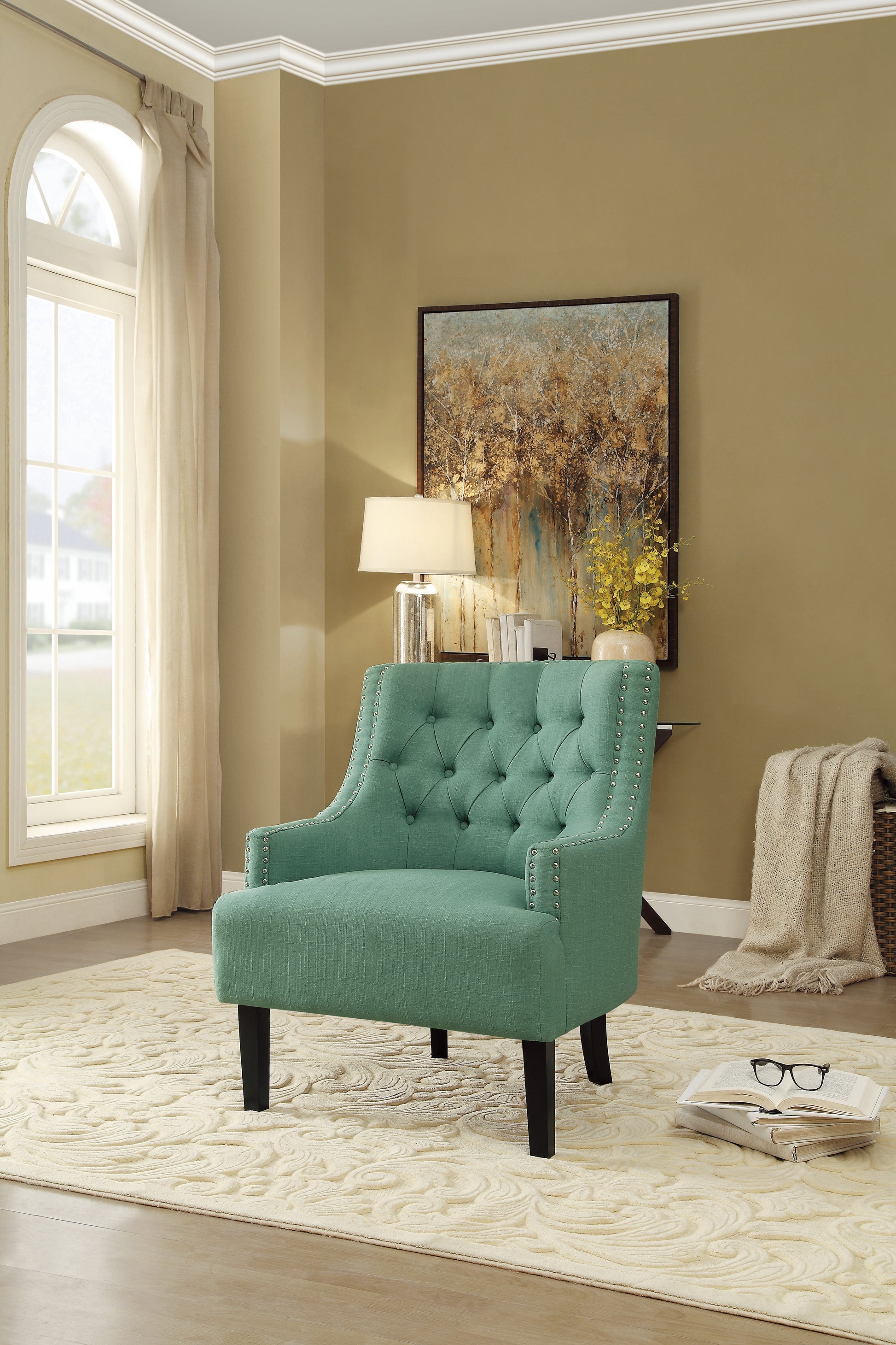 Modern Traditional Accent Chair Button Tufted Teal Textured Fabric Upholstery Solid Wood 1Pc Living Room Furniture Teal Primary Living Space Modern,Traditional Solid Wood