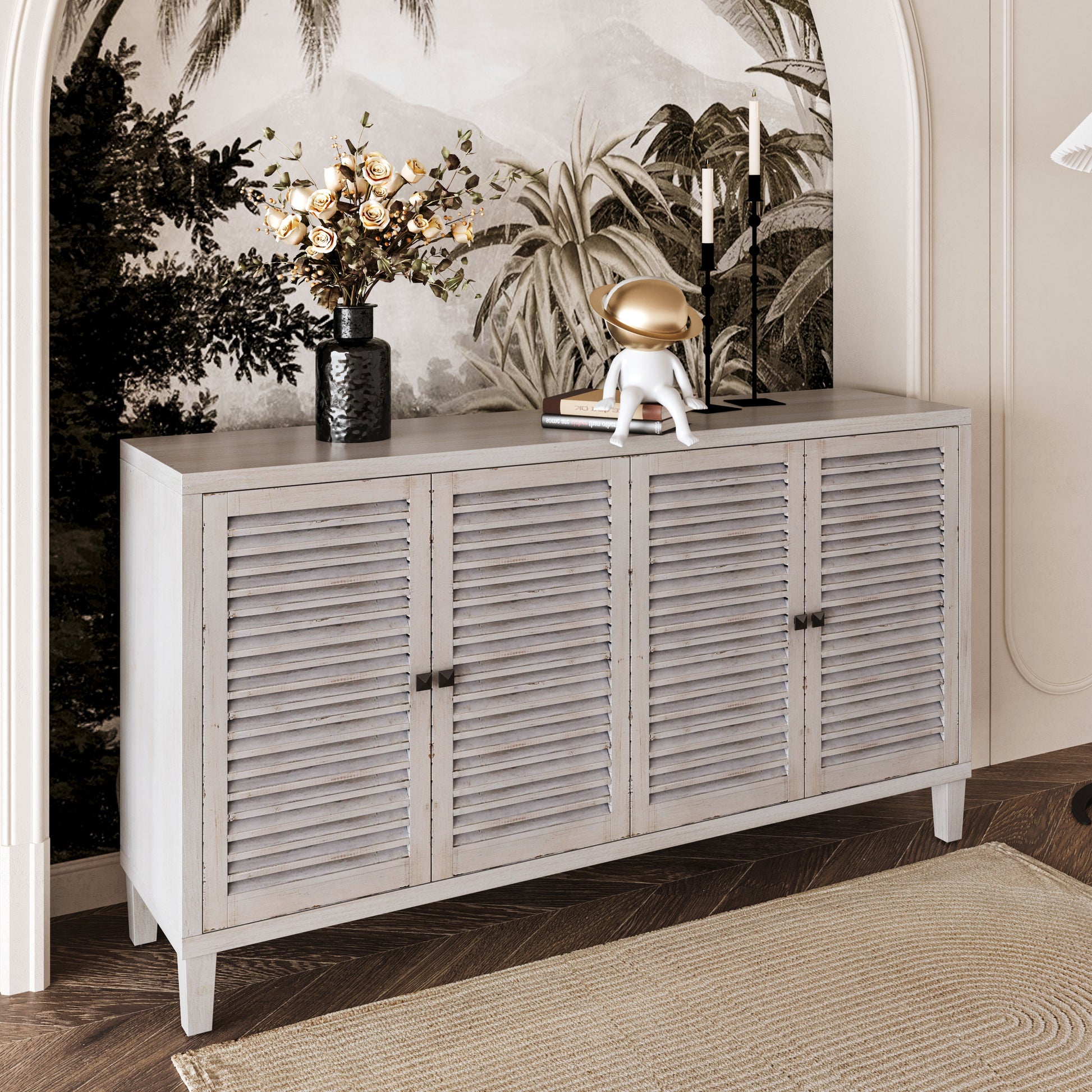 Accent Cabinet 4 Shutter Door Wooden Cabinet Sideboard Buffet Server Cabinet Storage Cabinet, For Living Room, Entryway, Hallway, Office, Kitchen And Dining Room, Distressed White White Washed Farmhouse,Shabby Chic Fir Solid Wood Mdf