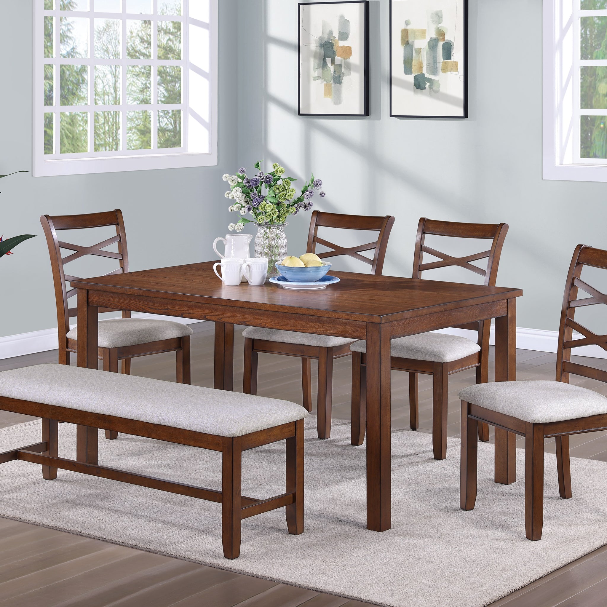 Dining Room Furniture Modern 6Pcs Set Dining Table 4X Side Chairs And A Bench Solidwood Unique Design Back Chair Wood Color Wood Dining Room Bench Seating Birch Rectangular Dining Table With Chair And Bench Wood Wood Wood Seats 6 60 Inches