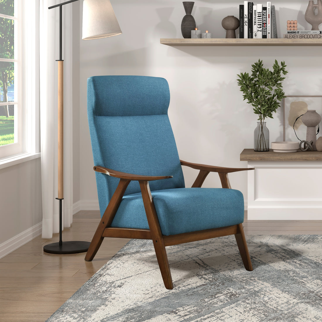 Modern Accent Chair 1Pc Blue High Back Chair Cushion Seat And Back Walnut Finish Solid Wood Living Room Furniture Blue Primary Living Space Modern,Traditional Rubberwood Solid Wood