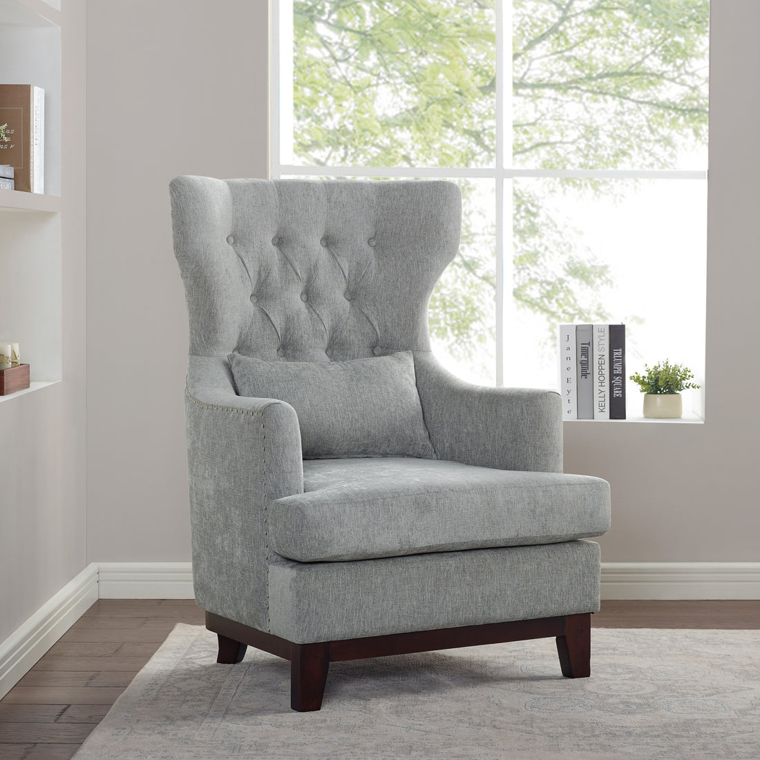 Button Tufted Wing Back Accent Chair 1Pc Light Gray Fabric Upholstered Pillow Solid Wood Traditional Living Room Furniture Light Gray Primary Living Space Luxury,Traditional Solid Wood