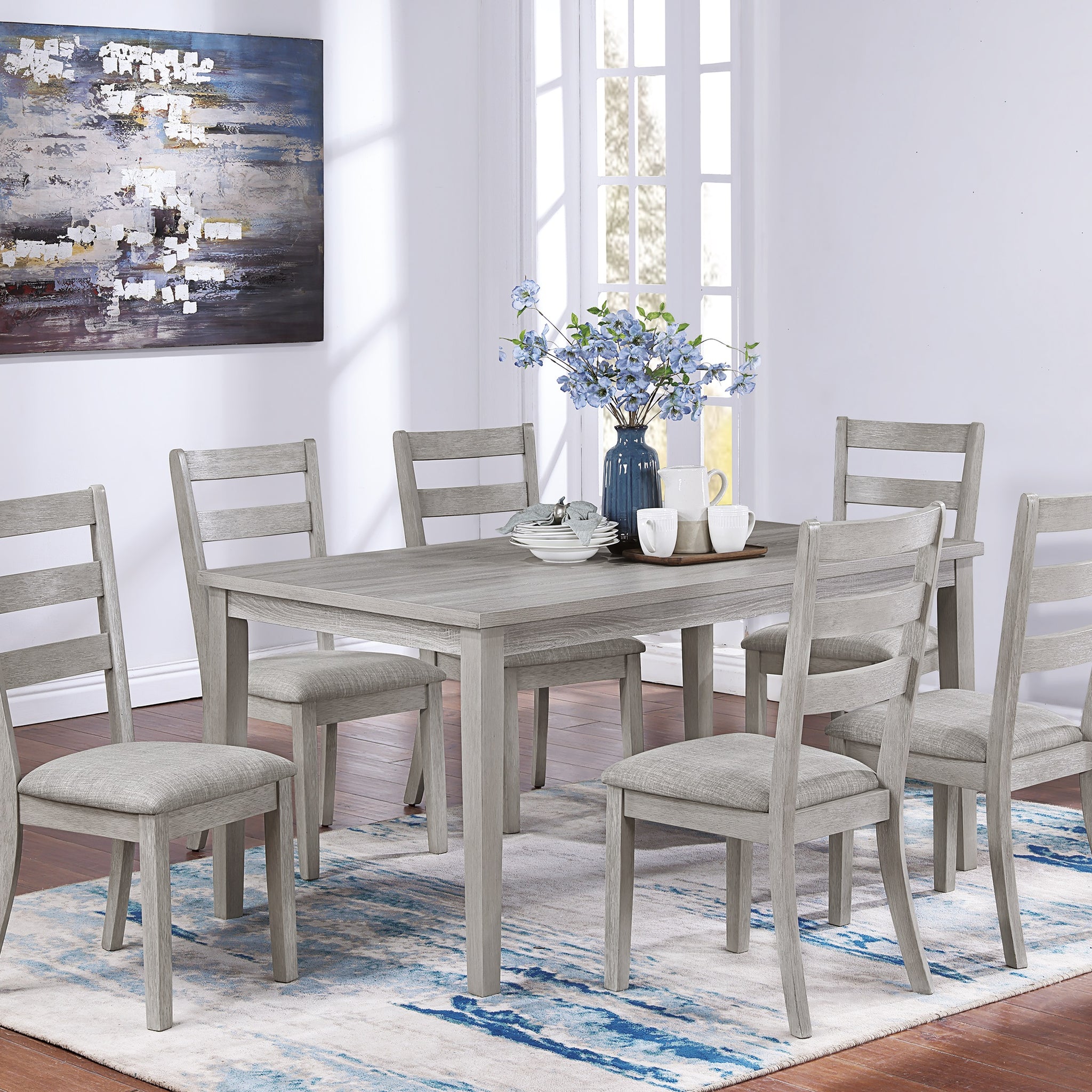 Classic Simple Rustic Gray Finish 7Pc Dining Set Kitchen Dinette Wooden Top Table And Chairs Cushions Seats Ladder Back Chair Dining Room Gray Wood Dining Room Rectangular Dining Table With Chair Upholstered Chair Wood Gray Ladder Back Seats 6 60 Inches