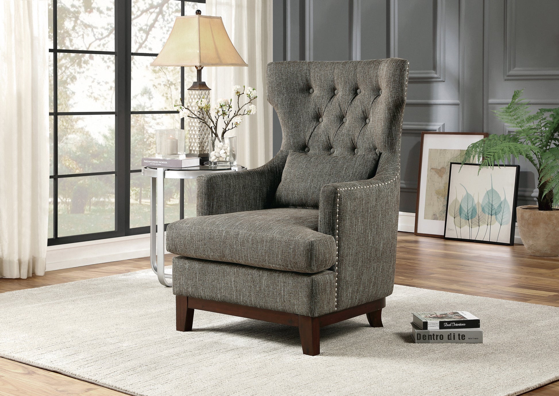 Button Tufted Wing Back Accent Chair 1Pc Gray Fabric Upholstered Pillow Solid Wood Traditional Living Room Furniture Brown Gray Primary Living Space Luxury,Traditional Solid Wood