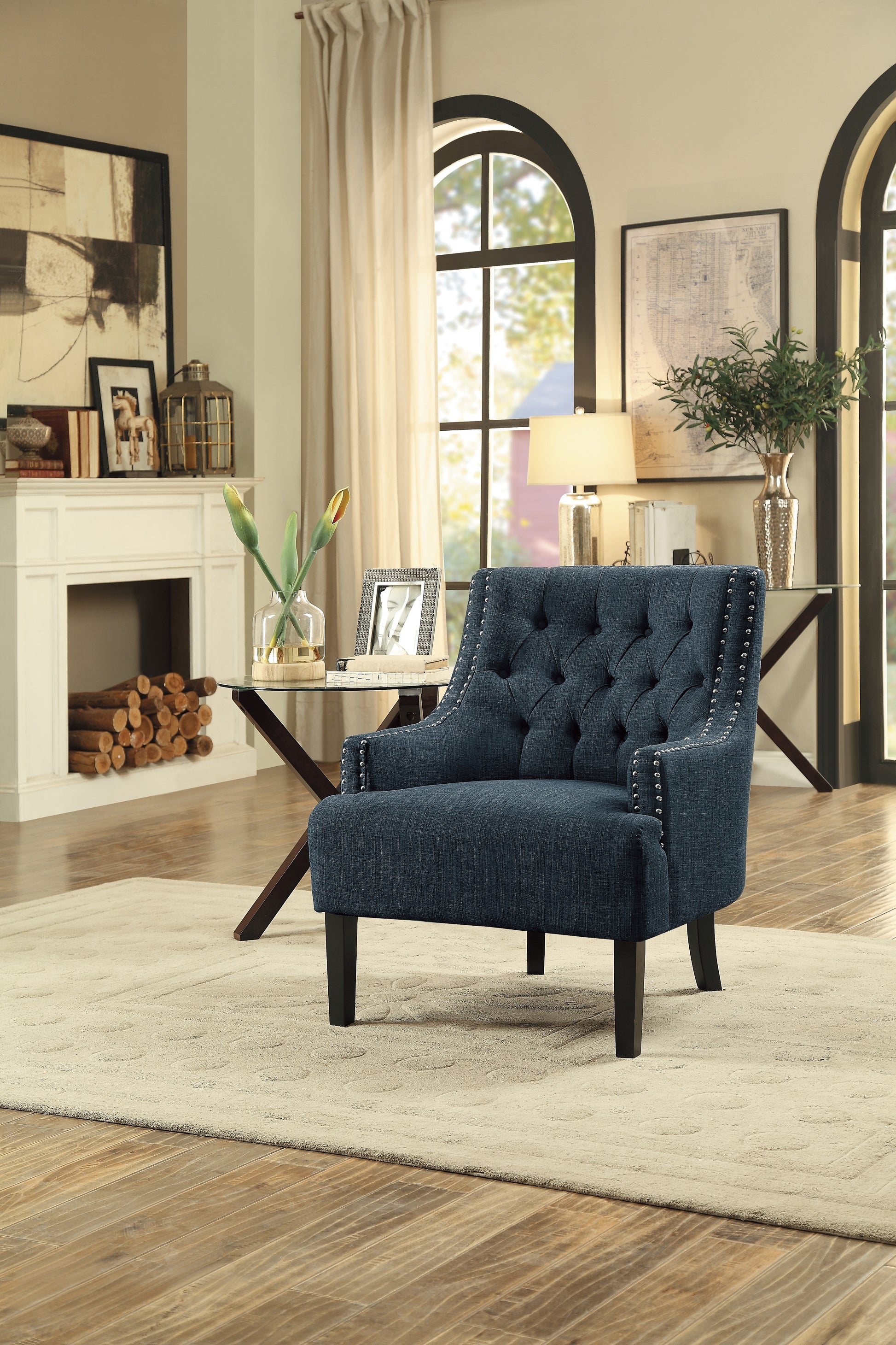 Modern Traditional Accent Chair Button Tufted Bluetextured Fabric Upholstery Solid Wood 1Pc Living Room Furniture Indigo Primary Living Space Modern,Traditional Solid Wood