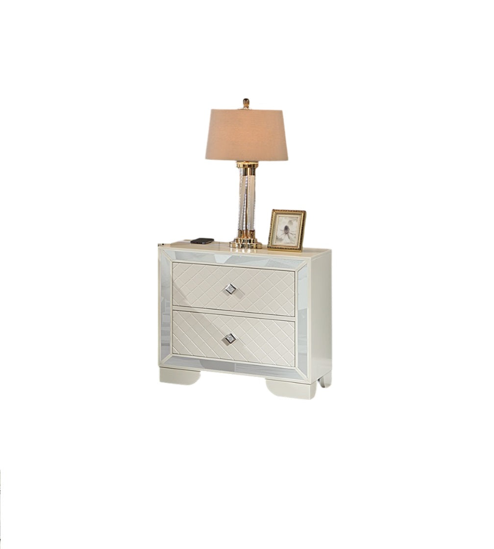 Classic Luxury Look Cream 1Pc Nightstand Wooden Bedside Table 2X Drawers W Mirror Glass Panel Bedroom Furniture Cream 2 Drawers Bedroom Bedside Cabinet Contemporary,Modern Storage Solid Wood