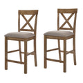 Tan And Weathered Oak Counter Height Stools With Cross Back Set Of 2 Beige Brown Dining Room Foam Rectangular Bar Stools Cross Back Set Of 2 Wood