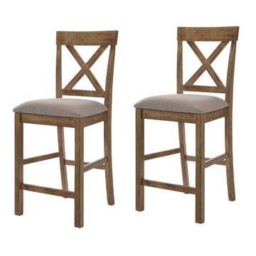 Tan And Weathered Oak Counter Height Stools With Cross Back Set Of 2 Beige Brown Dining Room Foam Rectangular Bar Stools Cross Back Set Of 2 Wood