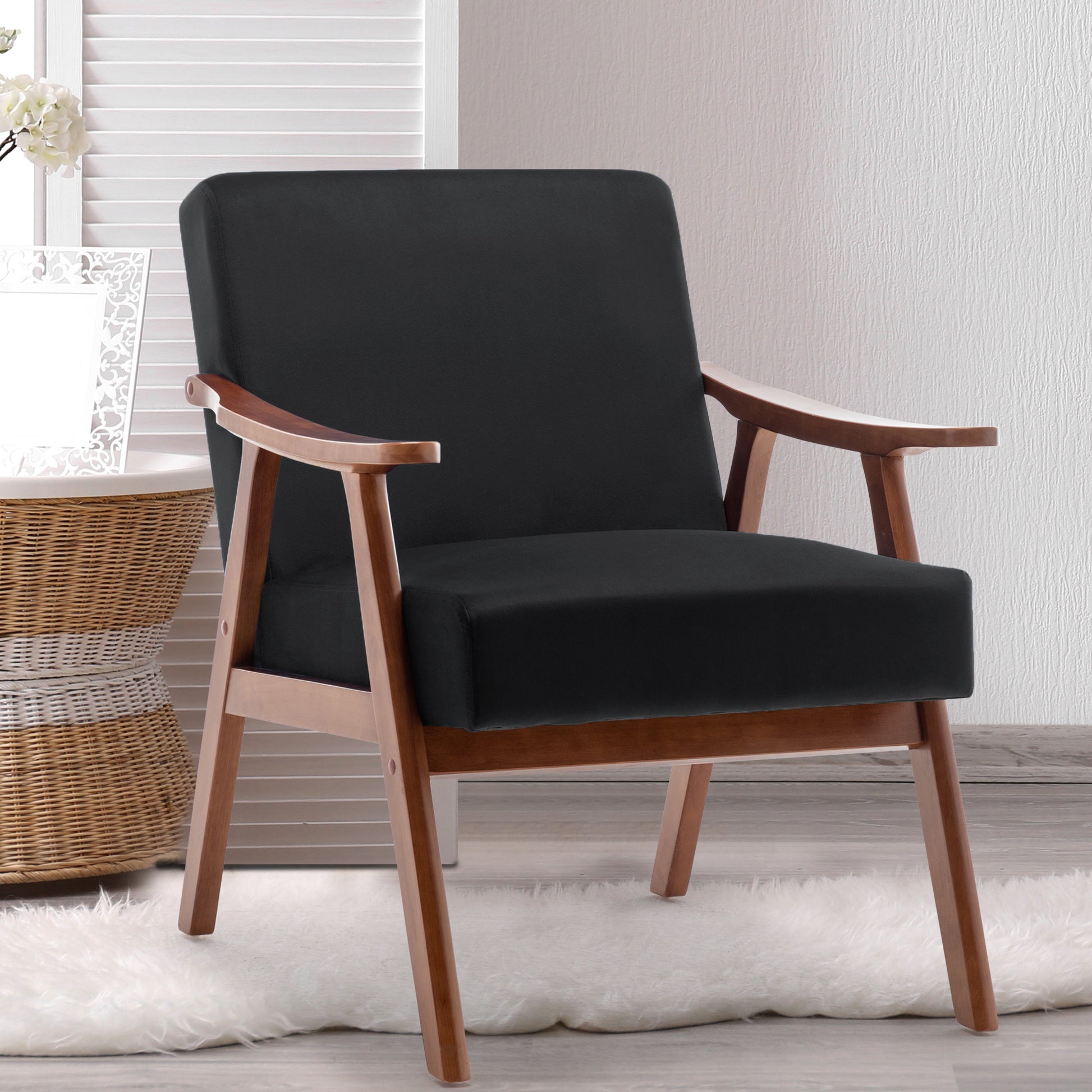 Mid Century Modern Chair, Living Room Chair With Solid Wood Frame, Accent Chair Extra Thick Backrest, Wingback Chair For Bedroom, Reading Room, Living Room, Lounge Chair Indoor Black Primary Living Space Mid Century Modern Foam Velvet