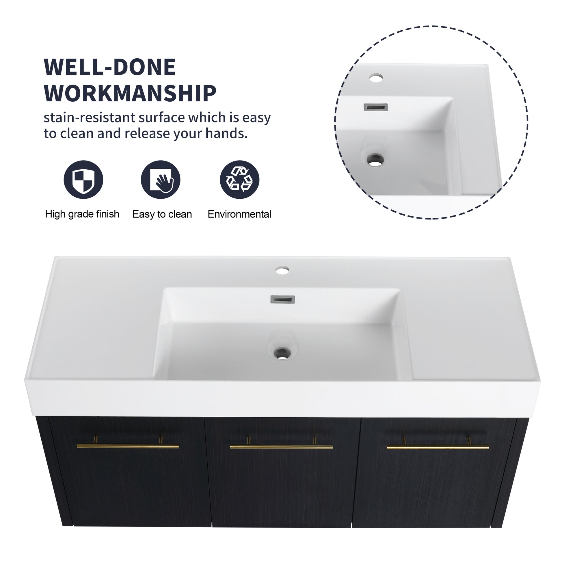 48 Inch Wall Mounted Bathroom Vanity With Sink, Thick Edged Resin Basin, Kd Package Black Chestnut 3 Bathroom Wall Mounted Modern Plywood