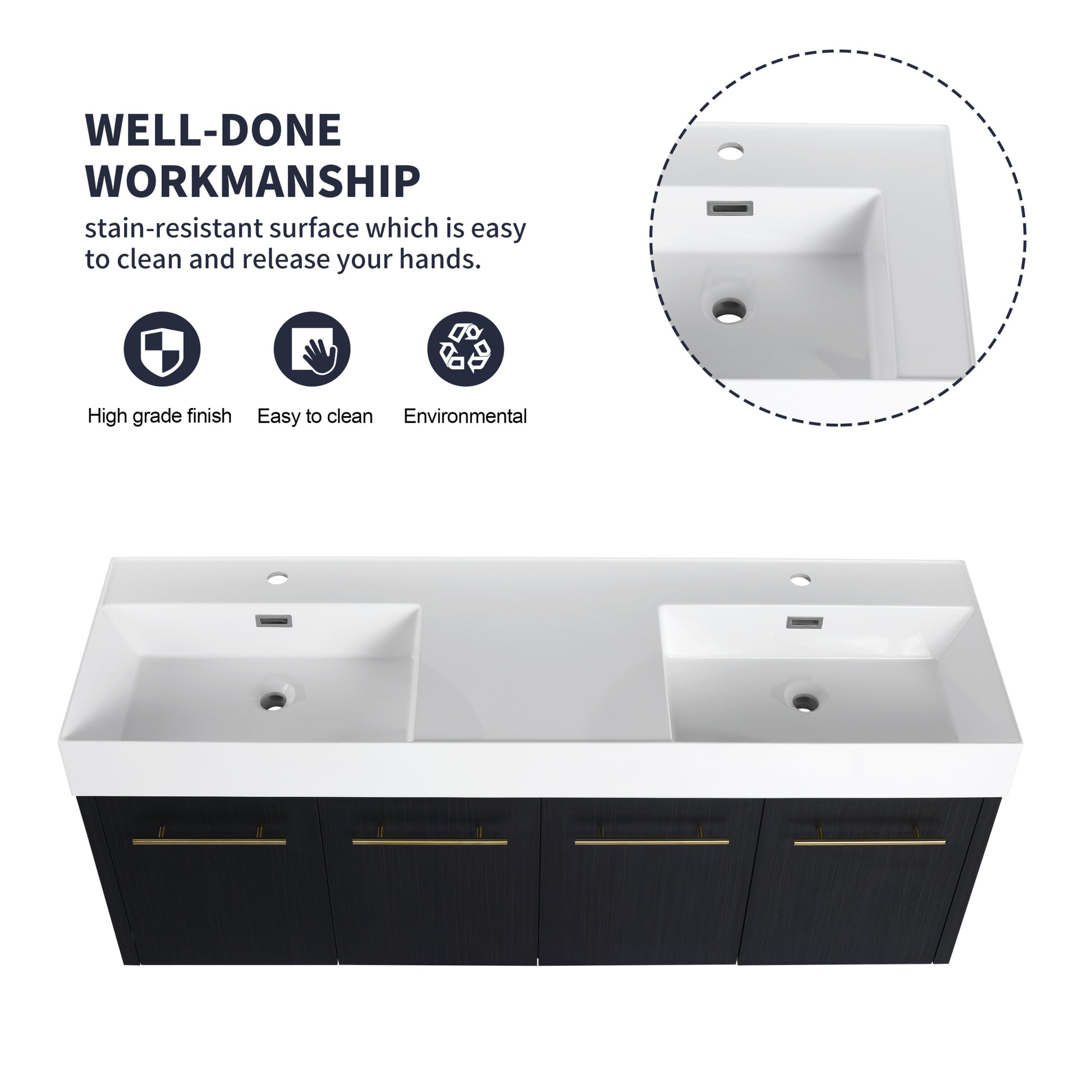 60 Inch Wall Mounted Bathroom Vanity With Sink, Thick Edged Double Resin Sink, Kd Package Black Chestnut 4 Bathroom Wall Mounted Modern Plywood