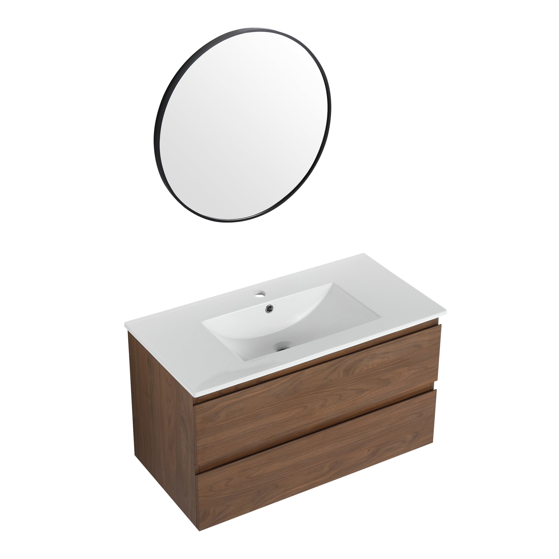 36" Wall Mounted Bathroom Vanity With Ceramic Sink, 2 Soft Close Drawers, Kd Package 2 Brown Oak Bathroom Wall Mounted Modern Plywood