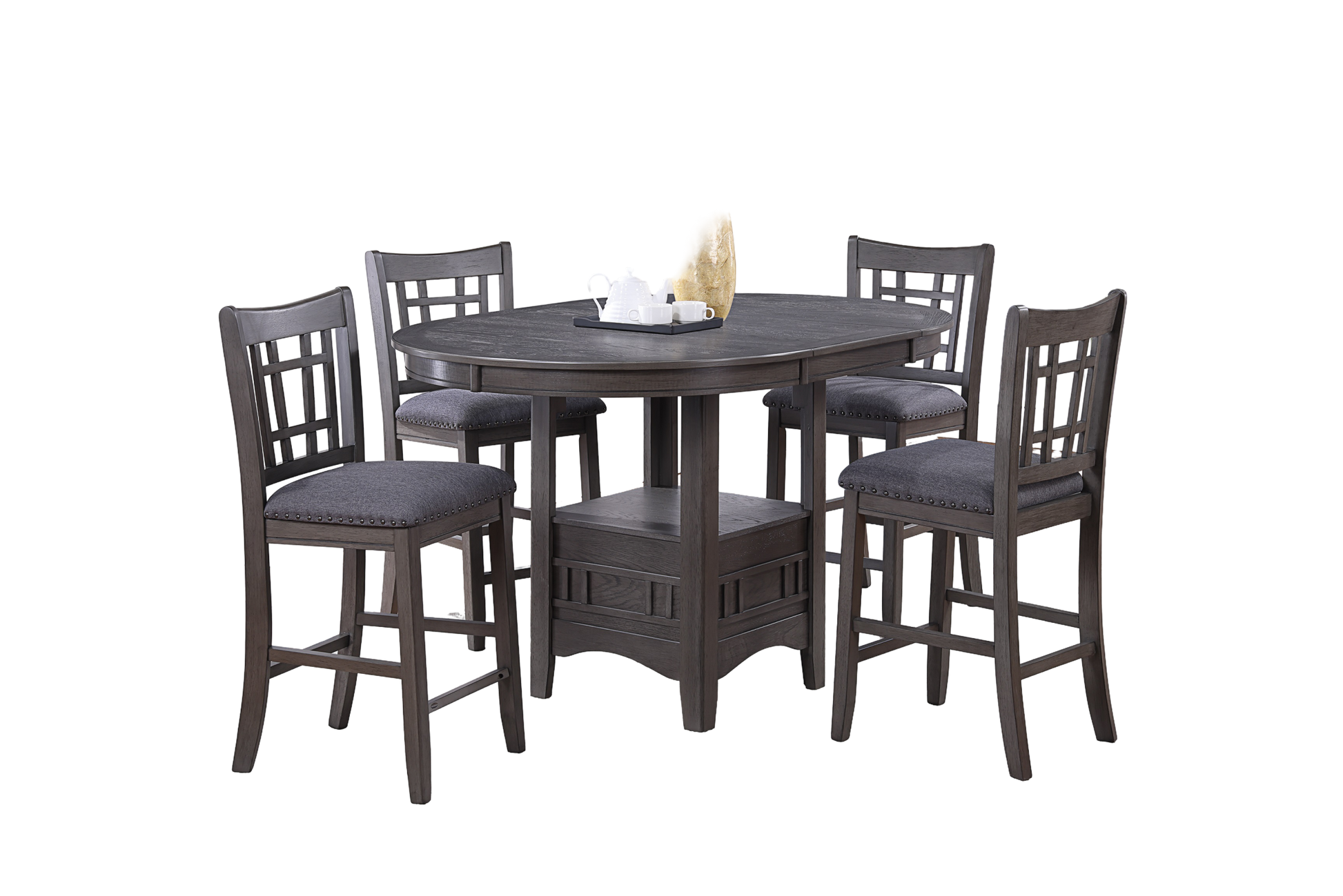 Contemporary Dining Room Counter Height 5Pc Dining Set Round Table W Leaf And 4X Side Chairs Gray Finish Solid Wood Light Brown Wood Dining Room Solid Wood Rubberwood Round Dining Table With Chair Wood Wood Gray Seats 4 42 Inches Drop Leaf
