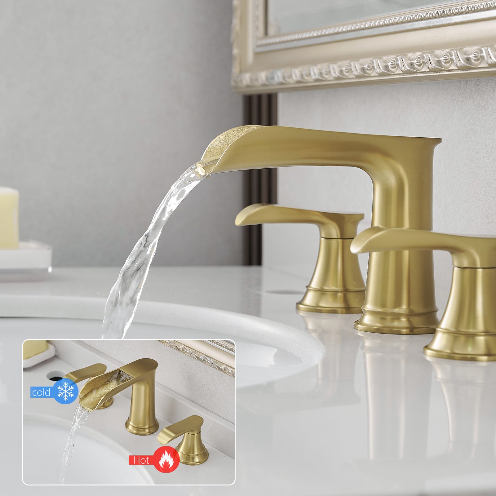 Bathroom Faucets For Sink 3 Hole Nickel Gold 8 Inch Widespread Bathroom Sink Faucet With Pop Up Drain Double Lever Handle Faucet Bathroom Vanity Faucet Basin Mixer Tap Faucet With Hose Bathroom Joystick Geometric Two Brushed Gold Side Sprayer Deck