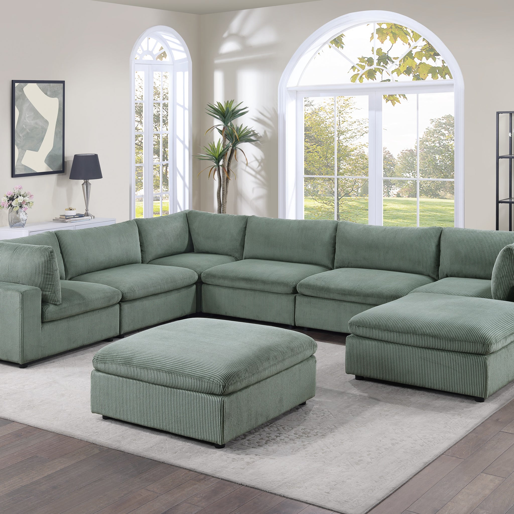 Sage Color 8Pc Modular Sectional Set Corduroy Upholstery Couch 3X Corner Wedge, 3X Armless Chairs 2X Ottomans Living Room Furniture Sage Primary Living Space Cushion Back Contemporary,Modern Modular Rubberwood Corduroy 8 Seat