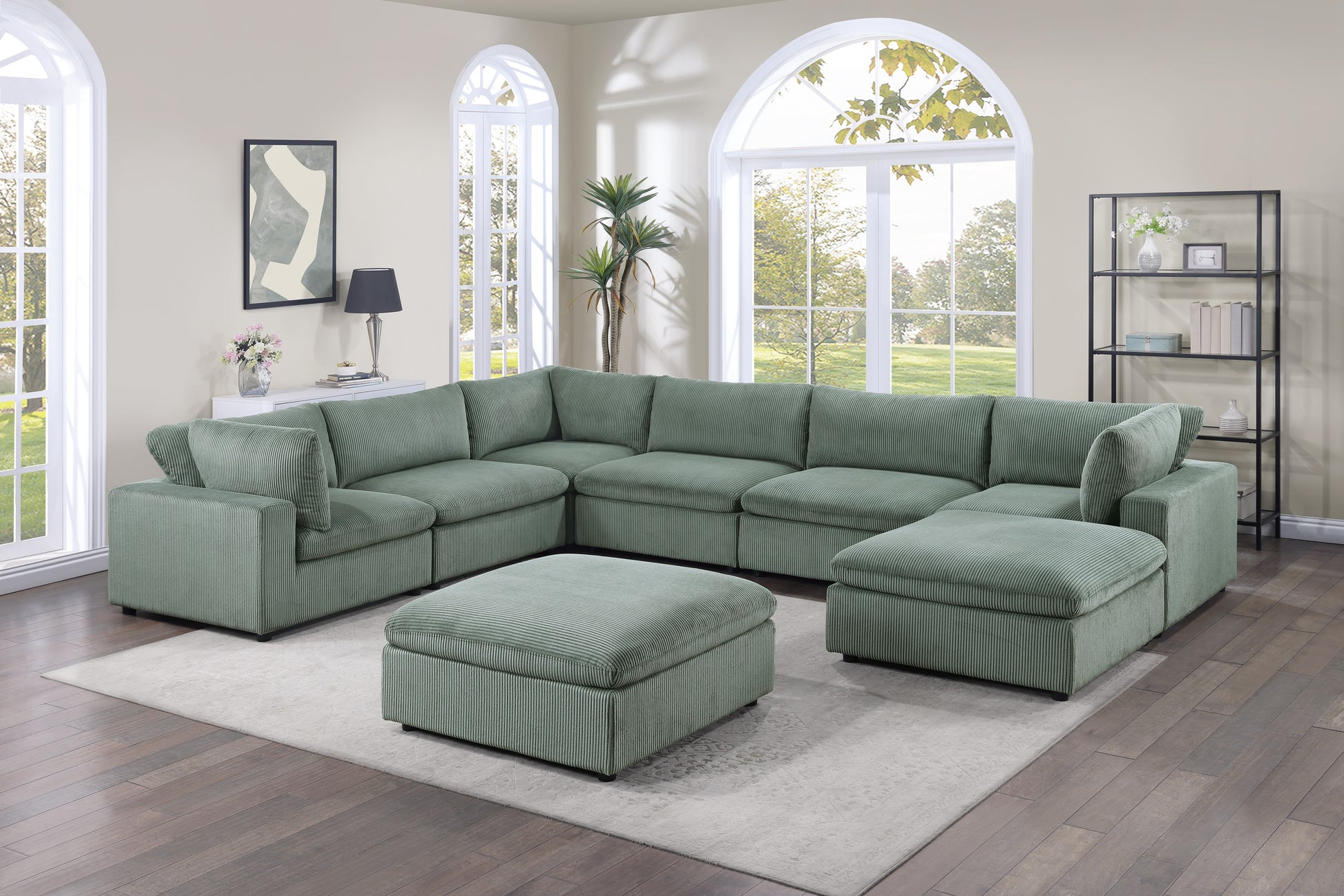 Sage Color 8Pc Modular Sectional Set Corduroy Upholstery Couch 3X Corner Wedge, 3X Armless Chairs 2X Ottomans Living Room Furniture Sage Primary Living Space Cushion Back Contemporary,Modern Modular Rubberwood Corduroy 8 Seat