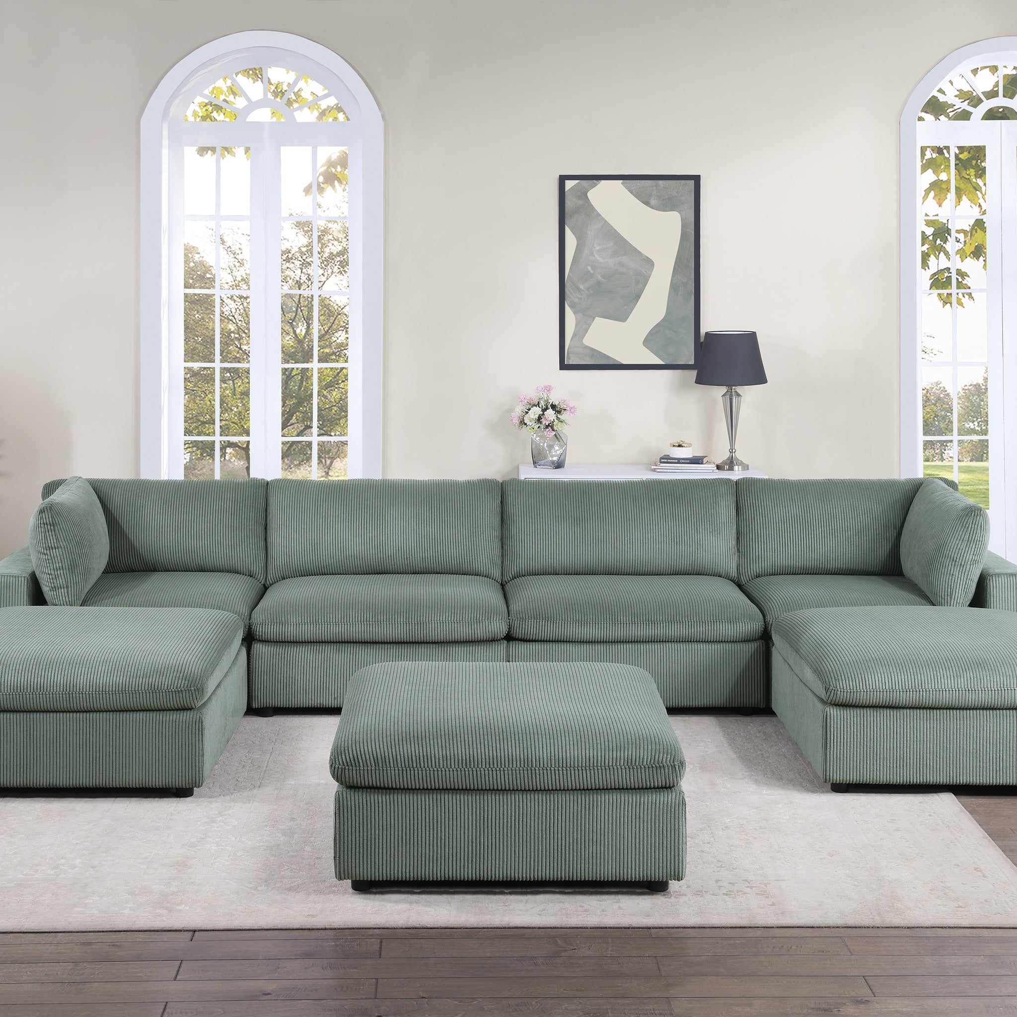 Sage Color 7Pc Modular Sectional Set Corduroy Upholstery Couch 2X Corner Wedge, 2X Armless Chairs 3X Ottomans Living Room Furniture Sage Primary Living Space Cushion Back Contemporary,Modern Modular Rubberwood Corduroy 7 Seat