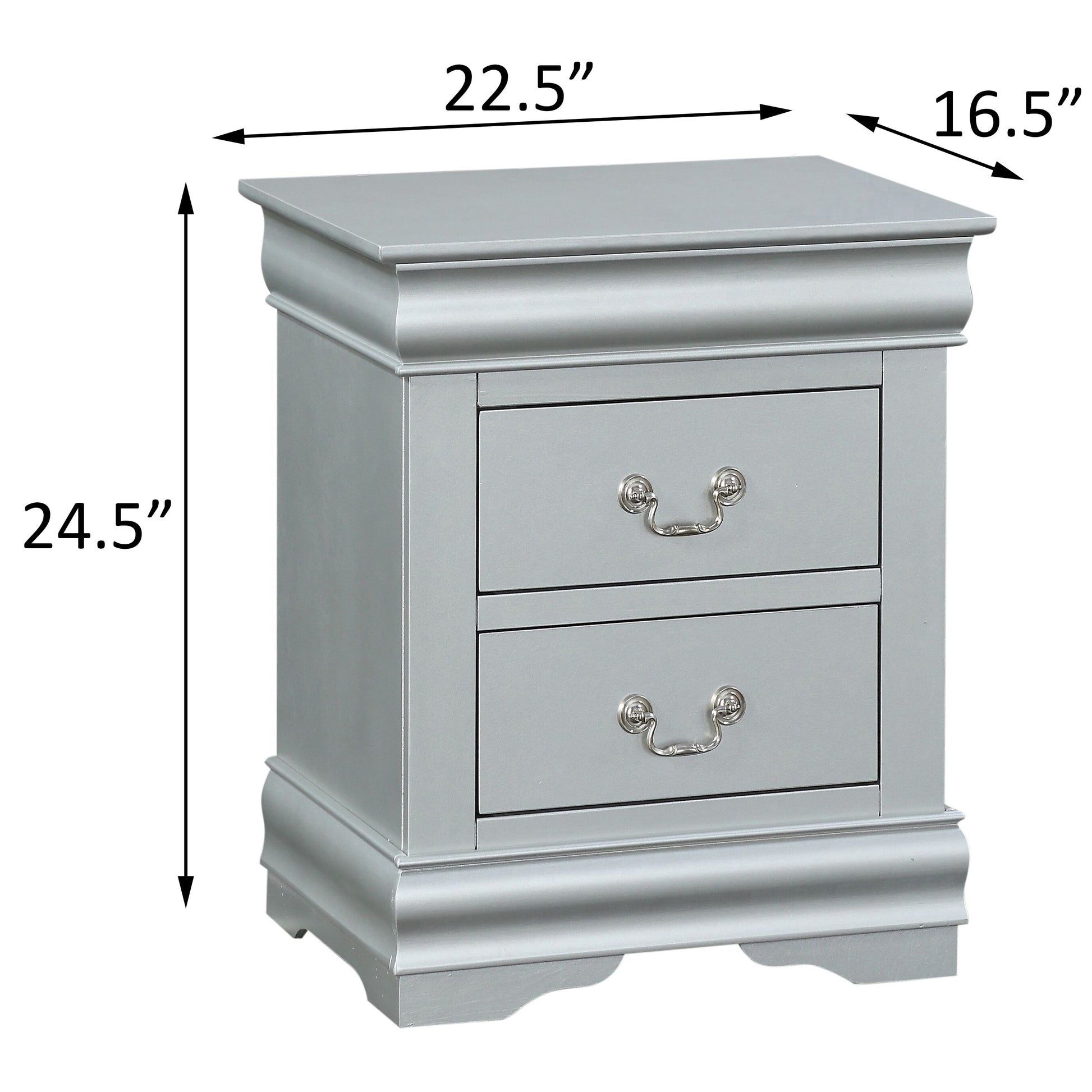 Platinum 2 Drawer Nightstand Silver 2 Drawers Bedroom Rectangle Modern Rubberwood Solid Wood Silver Wood