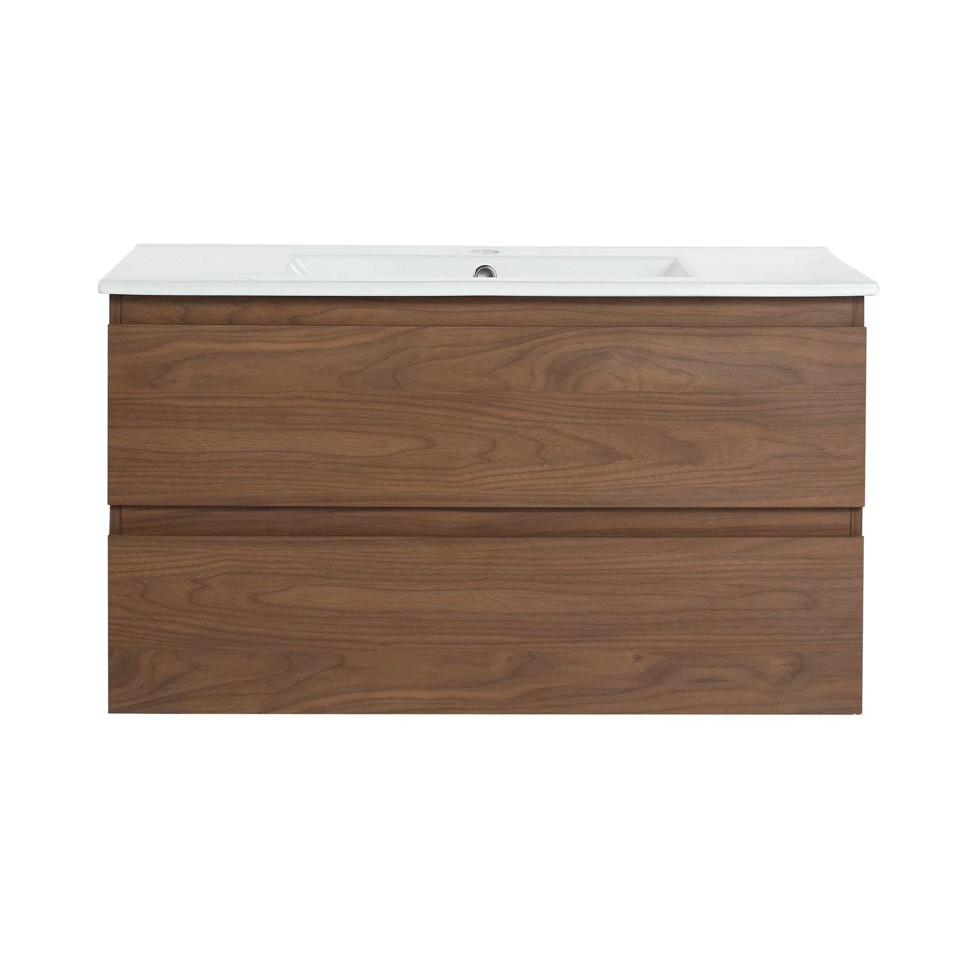 36" Wall Mounted Bathroom Vanity With Ceramic Sink, 2 Soft Close Drawers, Kd Package 2 Brown Oak Bathroom Wall Mounted Modern Plywood