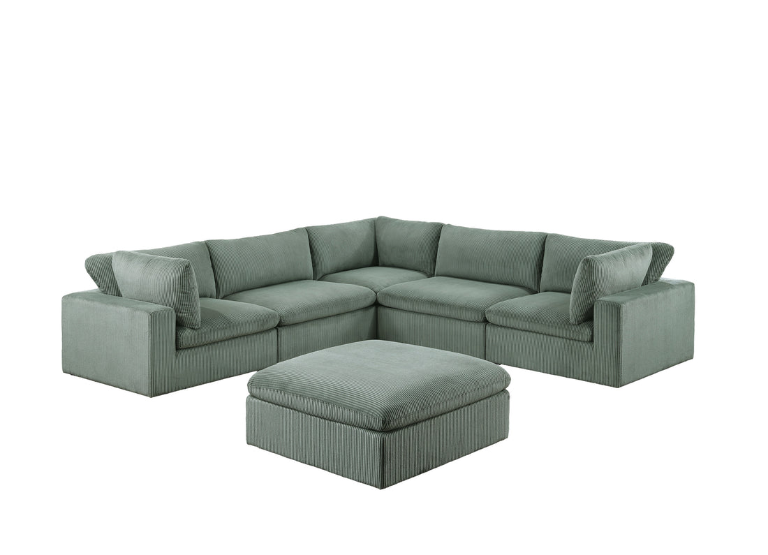 Sage Color 6Pc Modular Sectional Set Corduroy Upholstery Couch 3X Corner Wedge, 2X Armless Chairs 1X Ottoman Living Room Furniture Sage Primary Living Space Cushion Back Contemporary,Modern Modular Rubberwood Corduroy 6 Seat