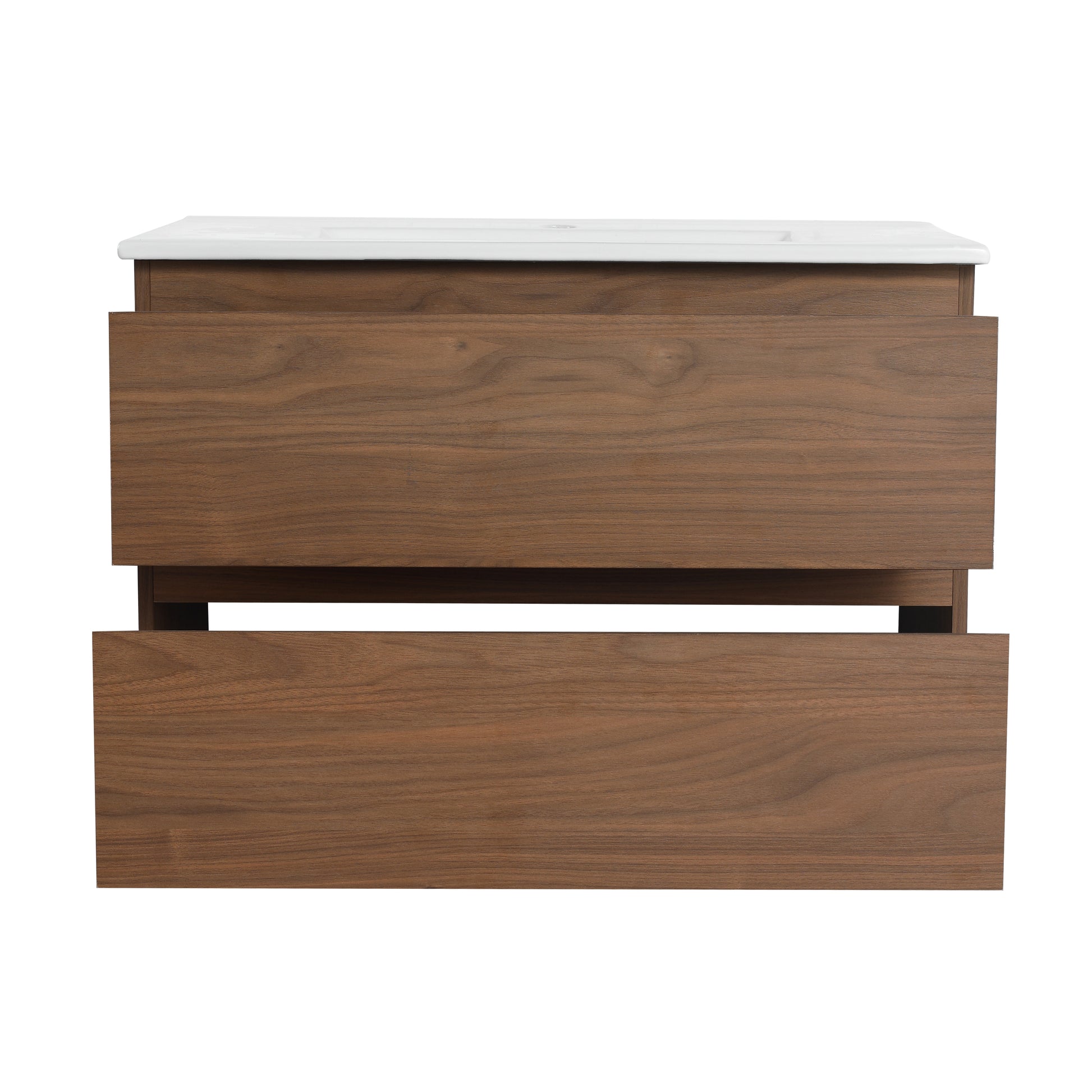 30" Wall Mounted Bathroom Vanity With Ceramic Sink, 2 Soft Close Drawers, Kd Package 2 Brown Oak Bathroom Wall Mounted Modern Plywood