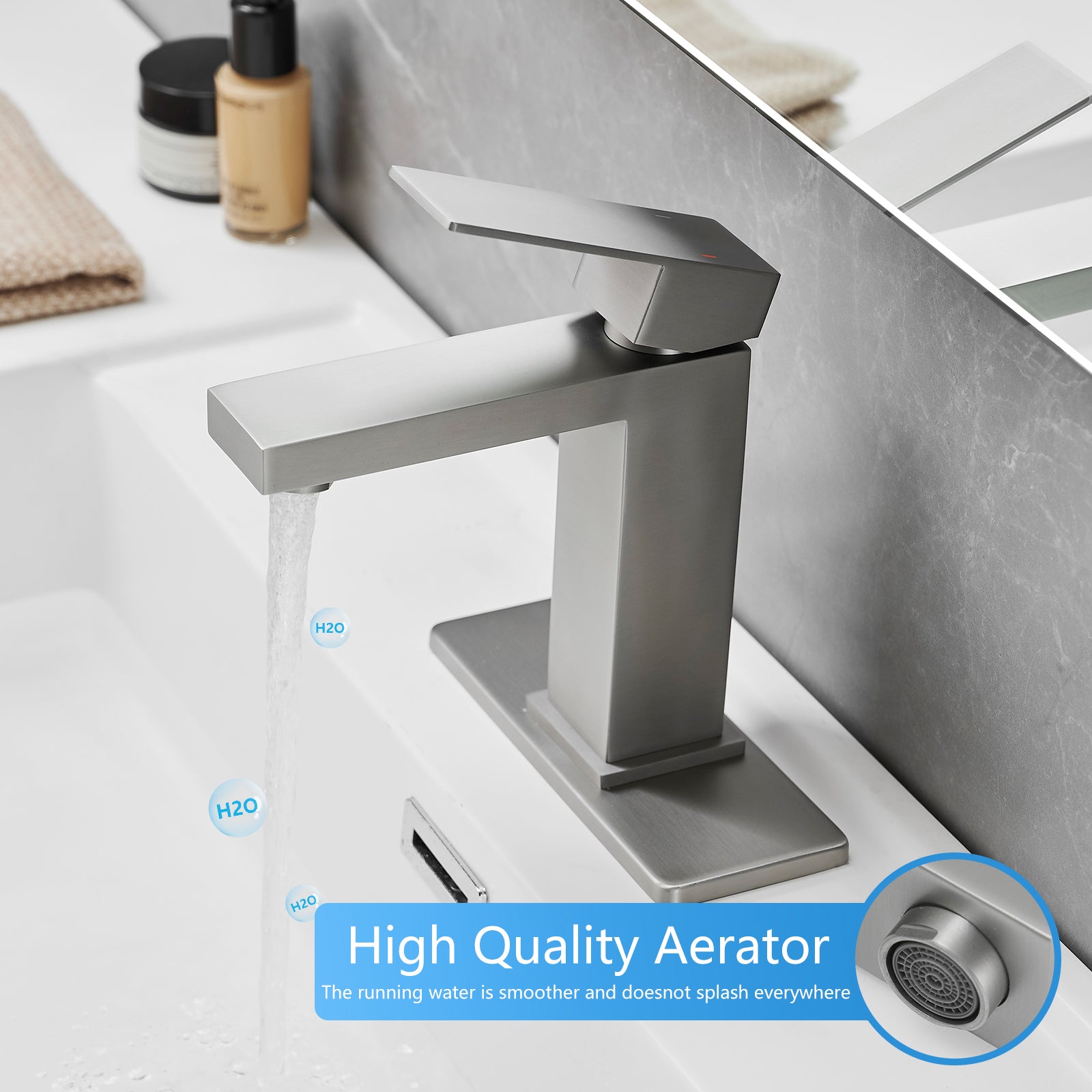 Sink Faucet With Deck Plate Waterfall Brushsed With Pop Up Drain And Supply Lines Bathroom Faucets For Sink 1 Hole One Handle Faucets Vanity Bath Mixer Tap Bathroom Joystick Geometric One Brushed Nickel Side Sprayer Deck Mounted Cartridge Valve Single