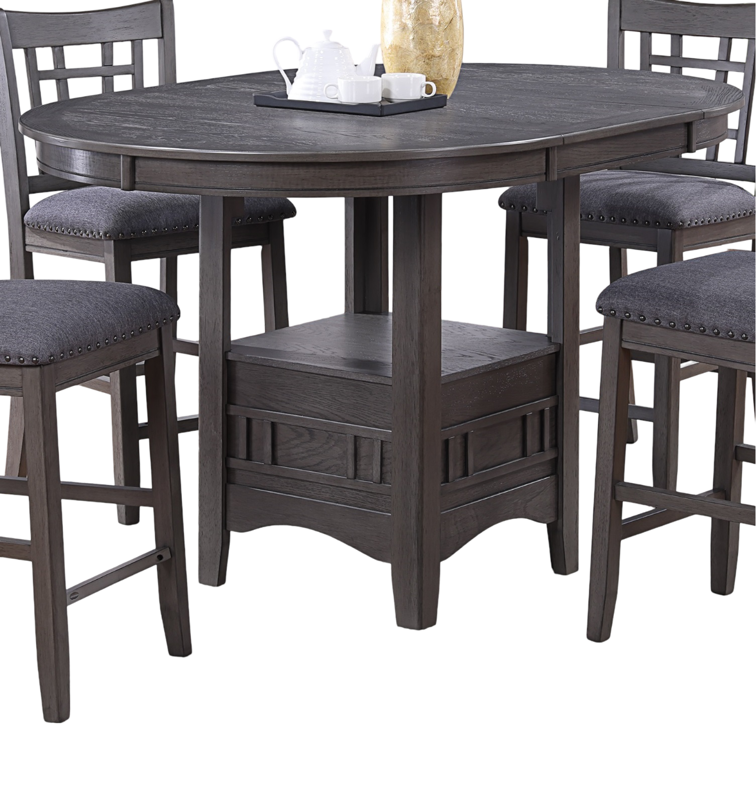 Contemporary Dining Room Counter Height 5Pc Dining Set Round Table W Leaf And 4X Side Chairs Gray Finish Solid Wood Light Brown Wood Dining Room Solid Wood Rubberwood Round Dining Table With Chair Wood Wood Gray Seats 4 42 Inches Drop Leaf