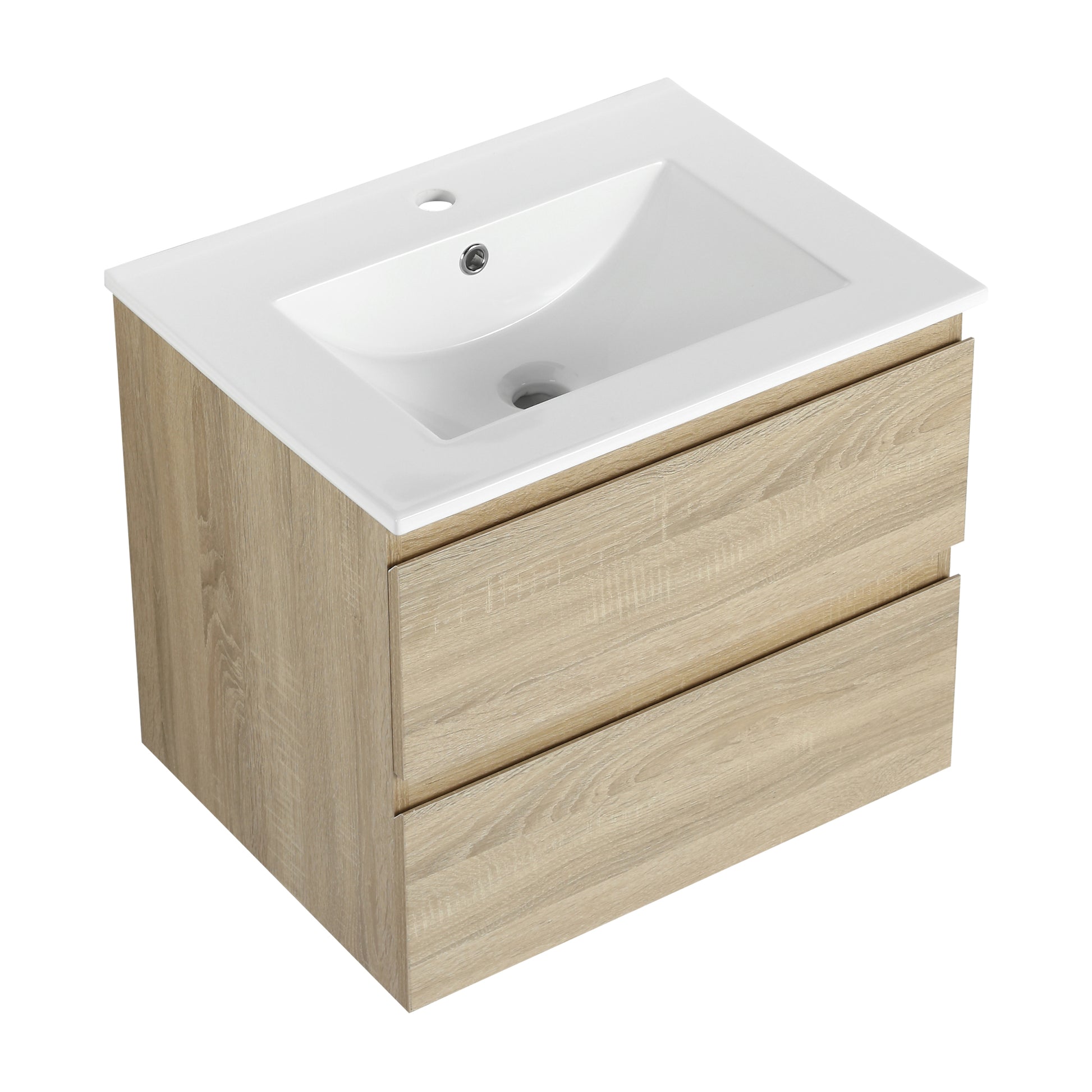 24" Wall Mounted Bathroom Vanity With Ceramic Sink, 2 Soft Close Drawers, Kd Package 2 Light Oak Bathroom Wall Mounted Modern Plywood