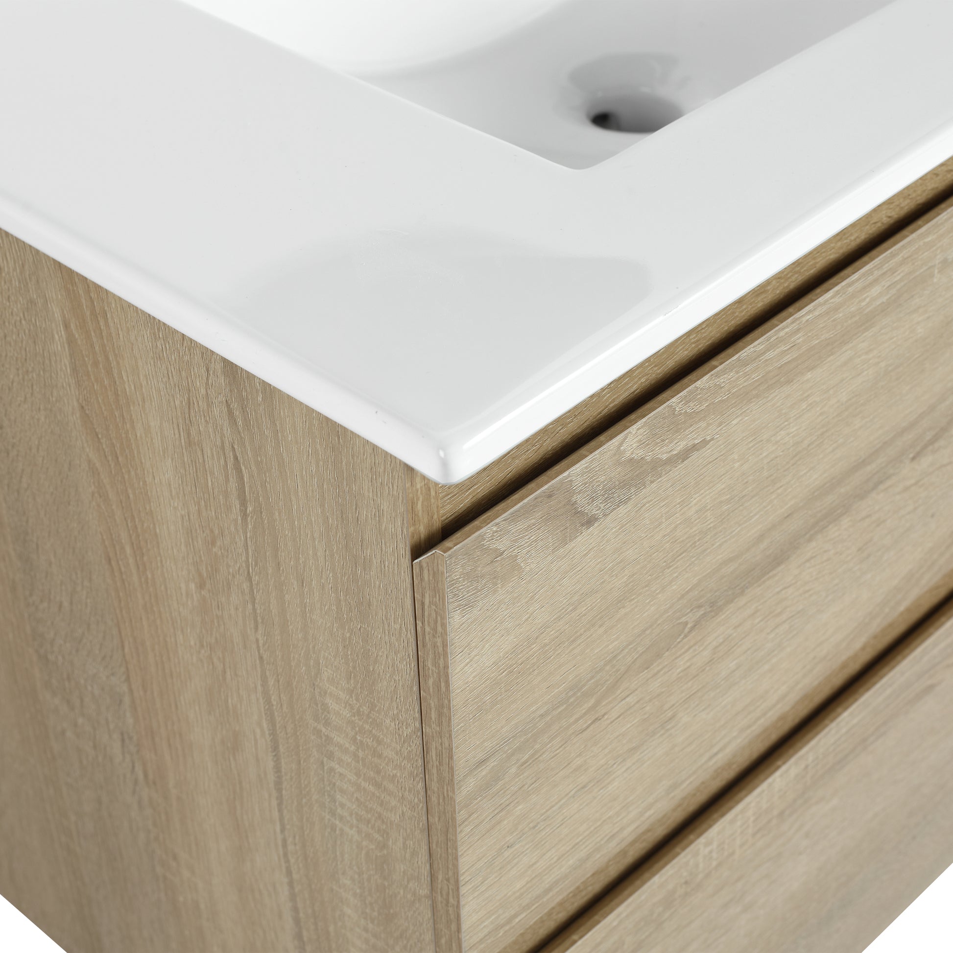 30" Wall Mounted Bathroom Vanity With Ceramic Sink, 2 Soft Close Drawers, Kd Package 2 Light Oak Bathroom Wall Mounted Modern Plywood