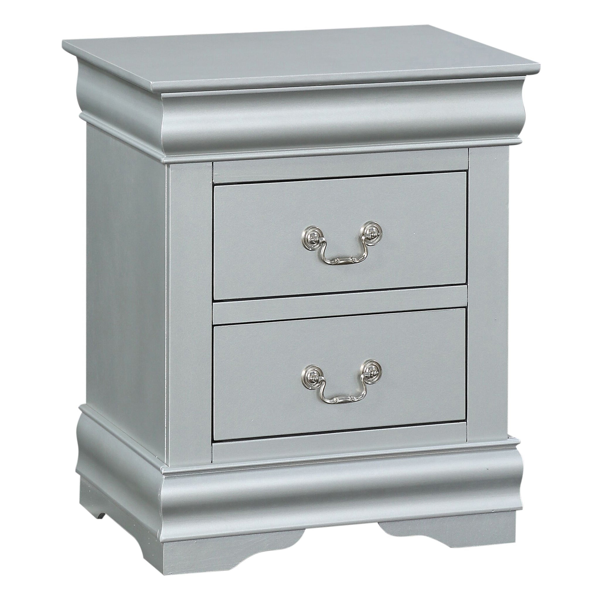 Platinum 2 Drawer Nightstand Silver 2 Drawers Bedroom Rectangle Modern Rubberwood Solid Wood Silver Wood