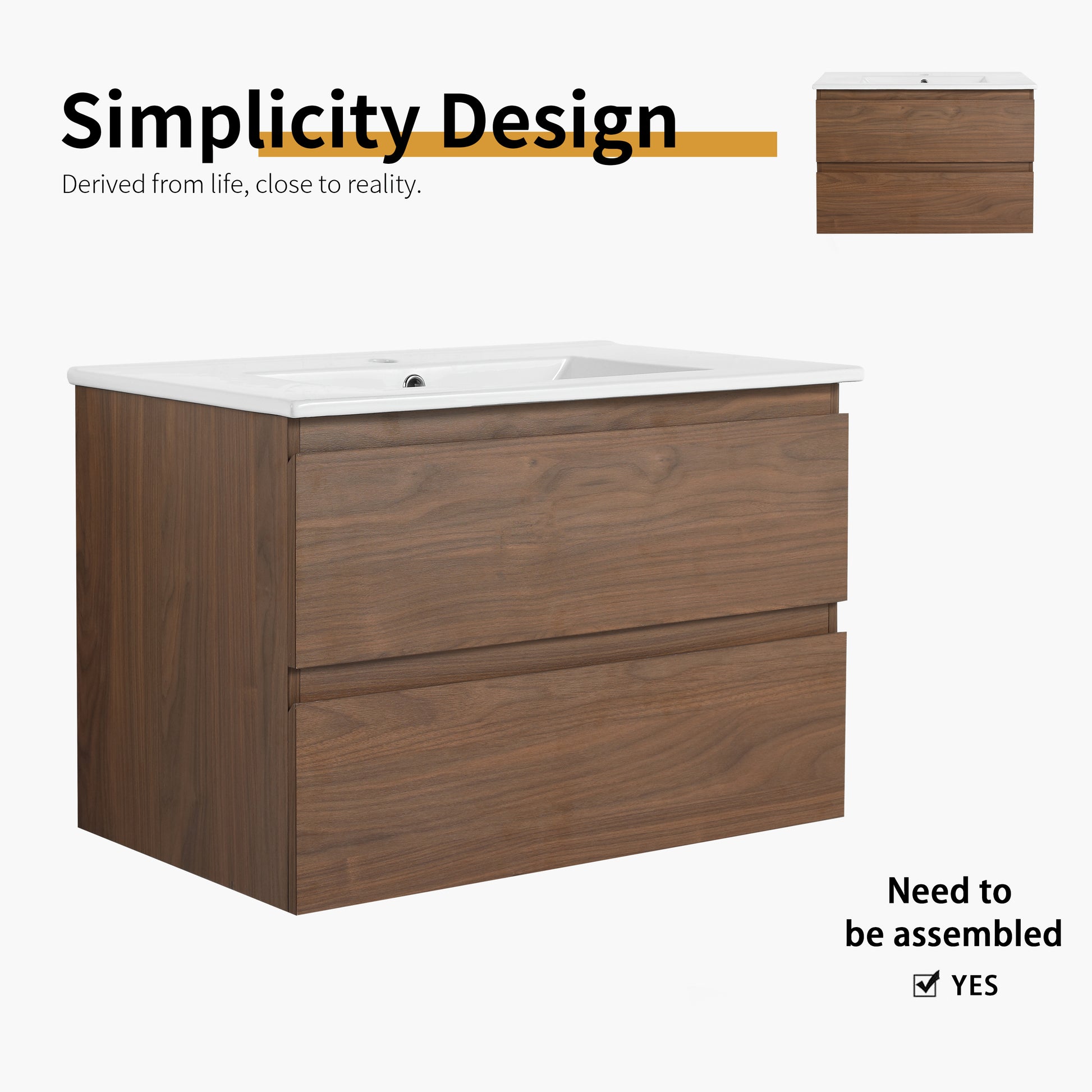 30" Wall Mounted Bathroom Vanity With Ceramic Sink, 2 Soft Close Drawers, Kd Package 2 Brown Oak Bathroom Wall Mounted Modern Plywood