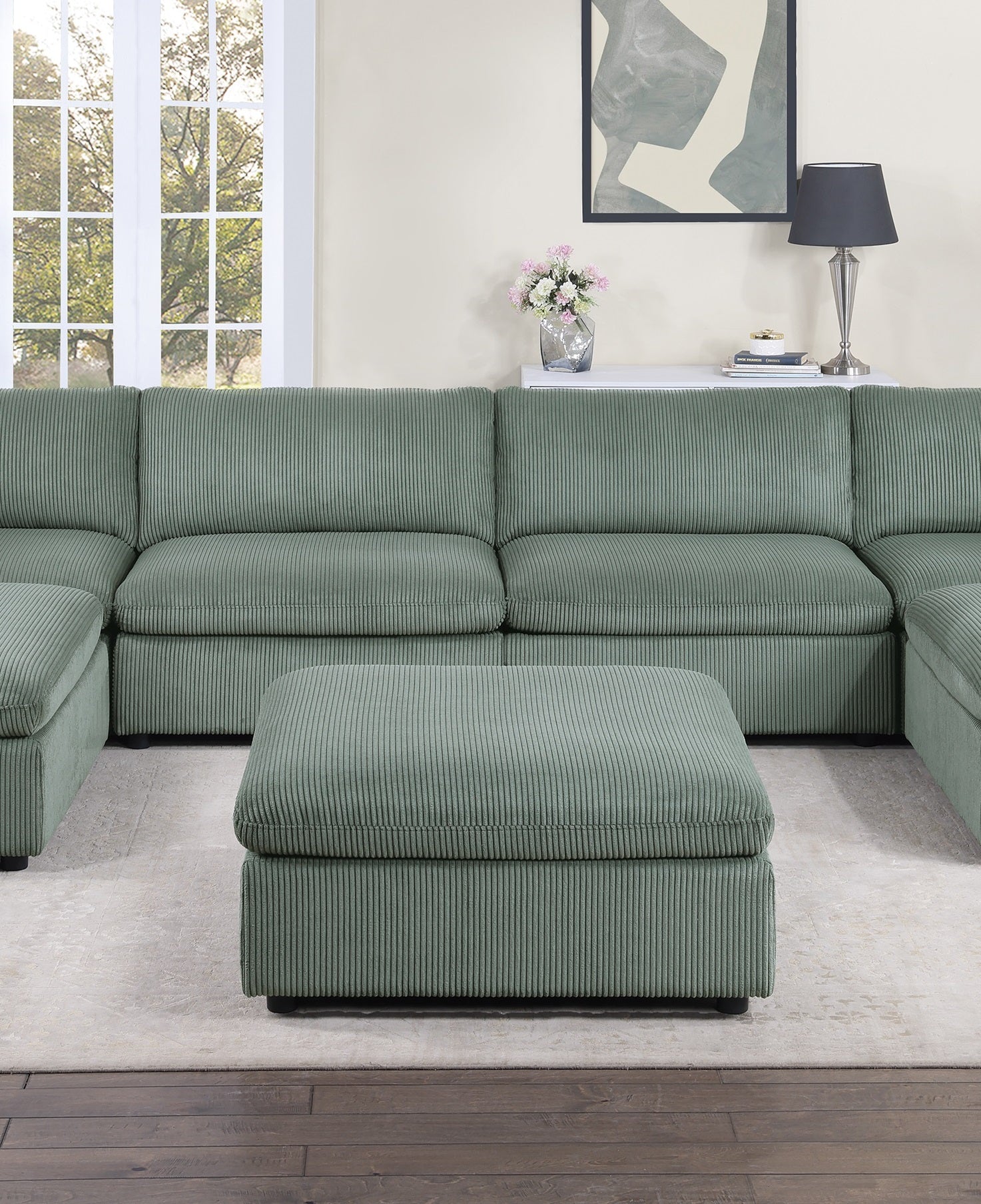 Sage Color 7Pc Modular Sectional Set Corduroy Upholstery Couch 2X Corner Wedge, 2X Armless Chairs 3X Ottomans Living Room Furniture Sage Primary Living Space Cushion Back Contemporary,Modern Modular Rubberwood Corduroy 7 Seat