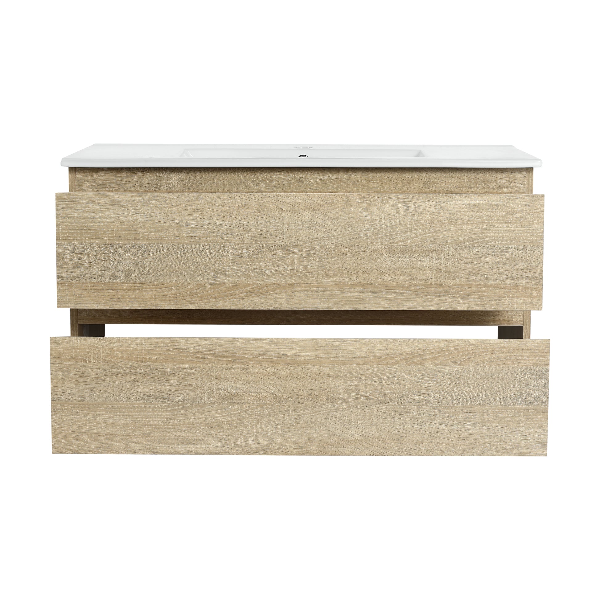 36" Wall Mounted Bathroom Vanity With Ceramic Sink, 2 Soft Close Drawers, Kd Package 2 Light Oak Bathroom Wall Mounted Modern Plywood