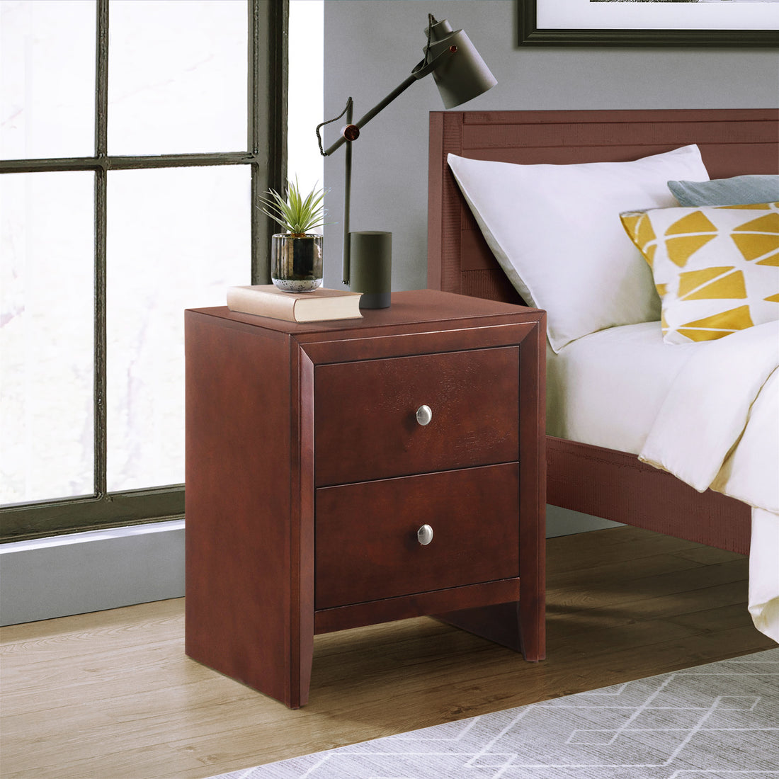 Brown Cherry 2 Drawer Nightstand Cherry 2 Drawers Bedroom Rectangle Contemporary Rubberwood Drawers Cherry Wood