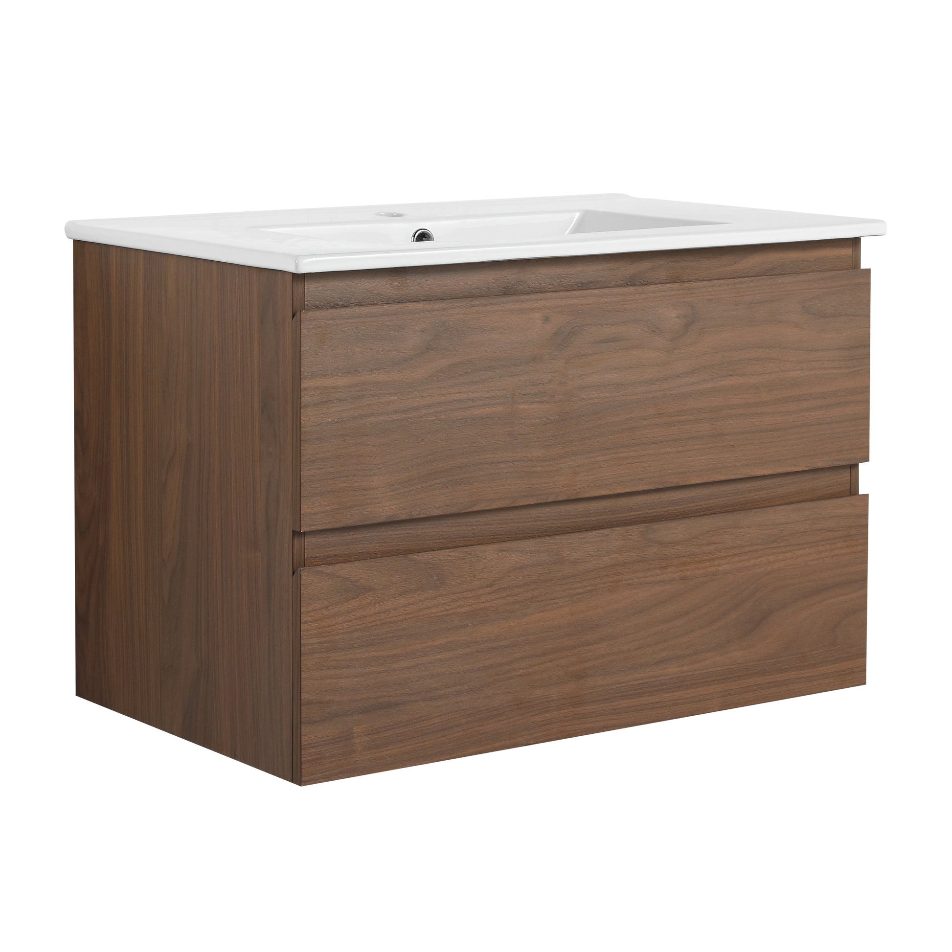 30" Wall Mounted Bathroom Vanity With Ceramic Sink, 2 Soft Close Drawers, Kd Package 2 Brown Oak Bathroom Wall Mounted Modern Plywood