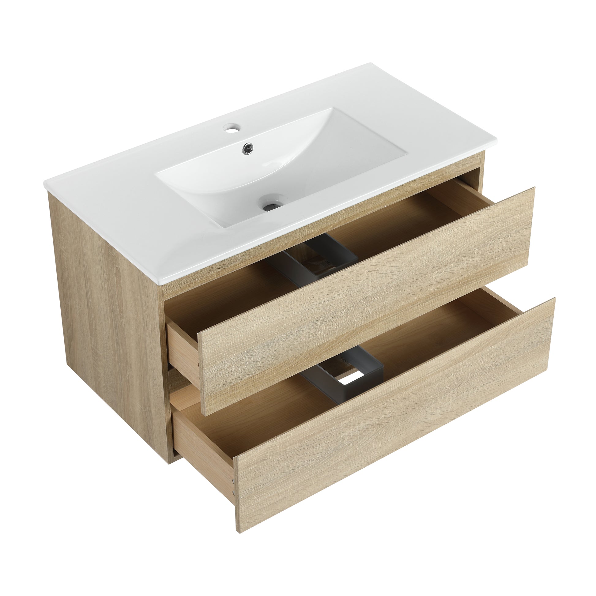 36" Wall Mounted Bathroom Vanity With Ceramic Sink, 2 Soft Close Drawers, Kd Package 2 Light Oak Bathroom Wall Mounted Modern Plywood