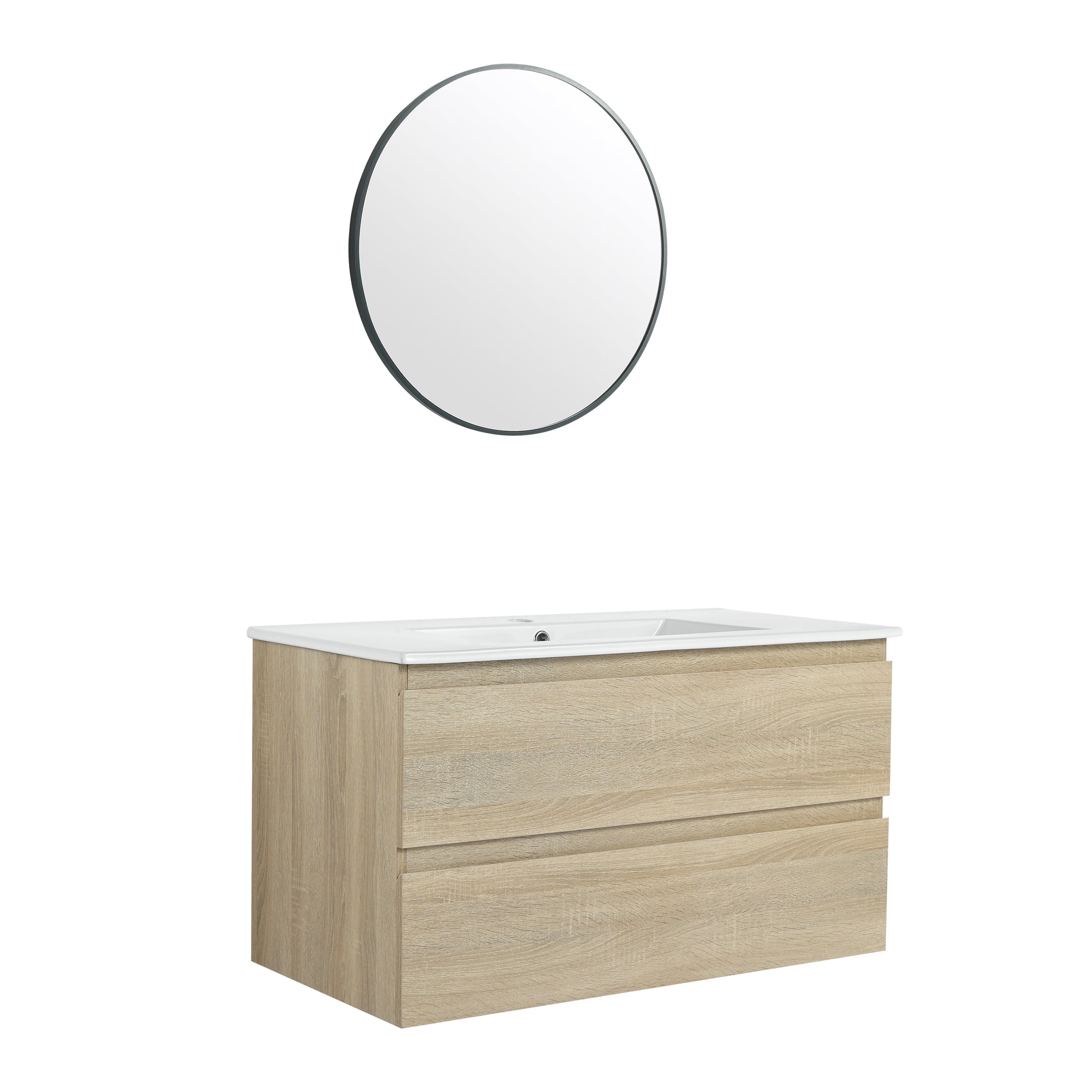 36" Wall Mounted Bathroom Vanity With Ceramic Sink, 2 Soft Close Drawers, Kd Package 2 Light Oak Bathroom Wall Mounted Modern Plywood